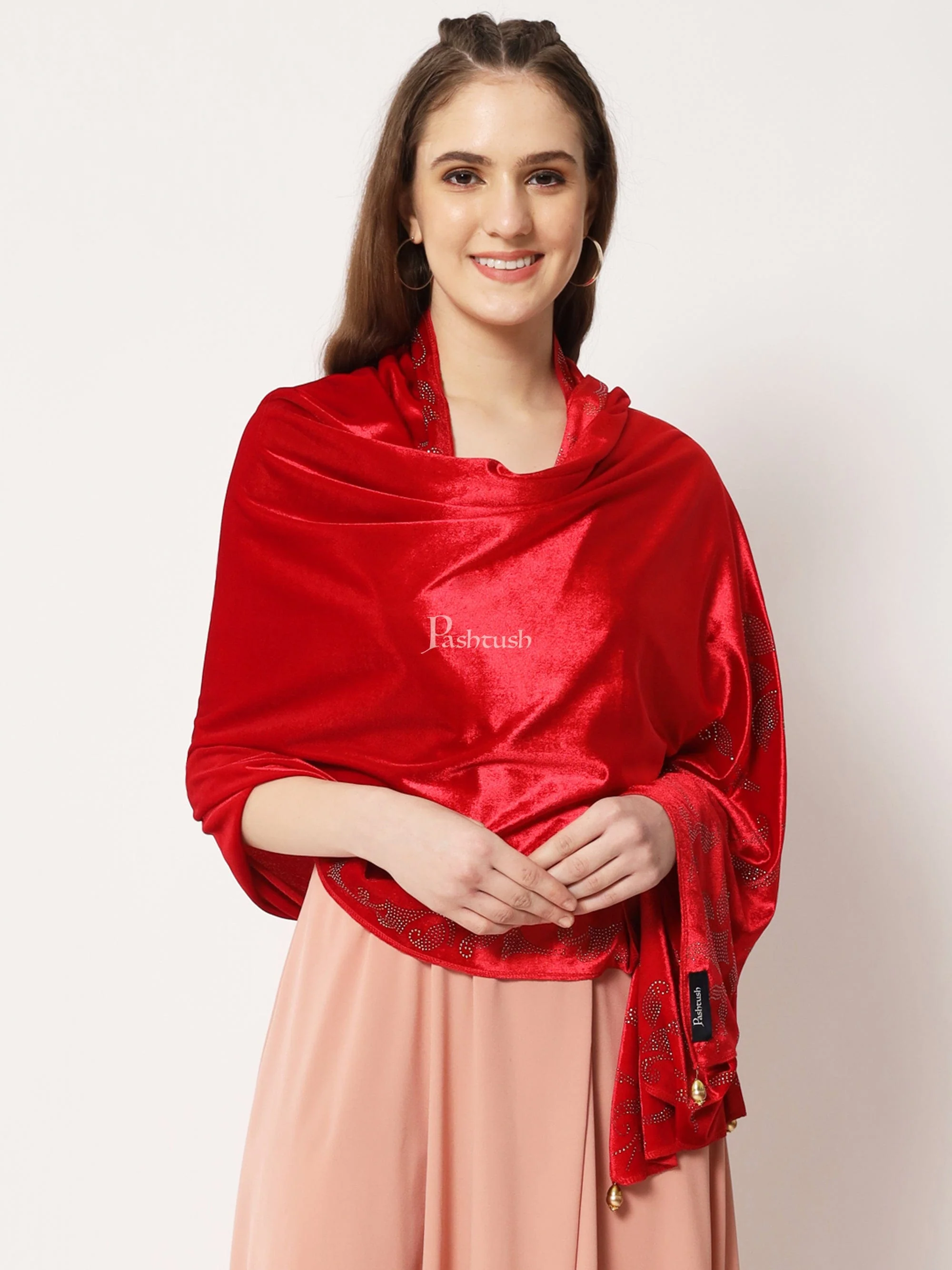 Pashtush Womens Soft Velvet Stole, Embellished With Shimmery Crystal Work, Red