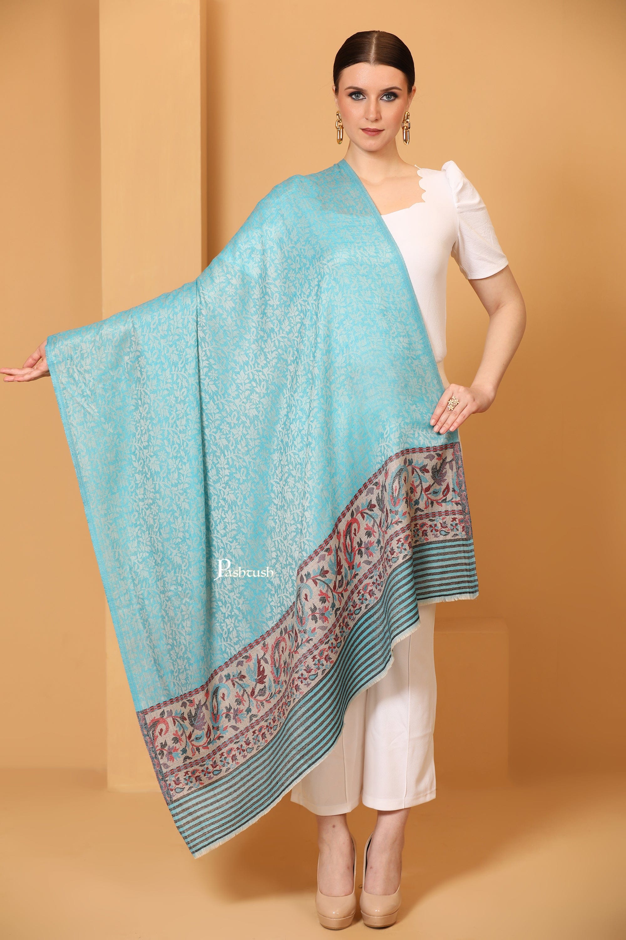 Pashtush Women's Soft Wool Cashmere Blended Shawl, Ethnic Palla, Blue