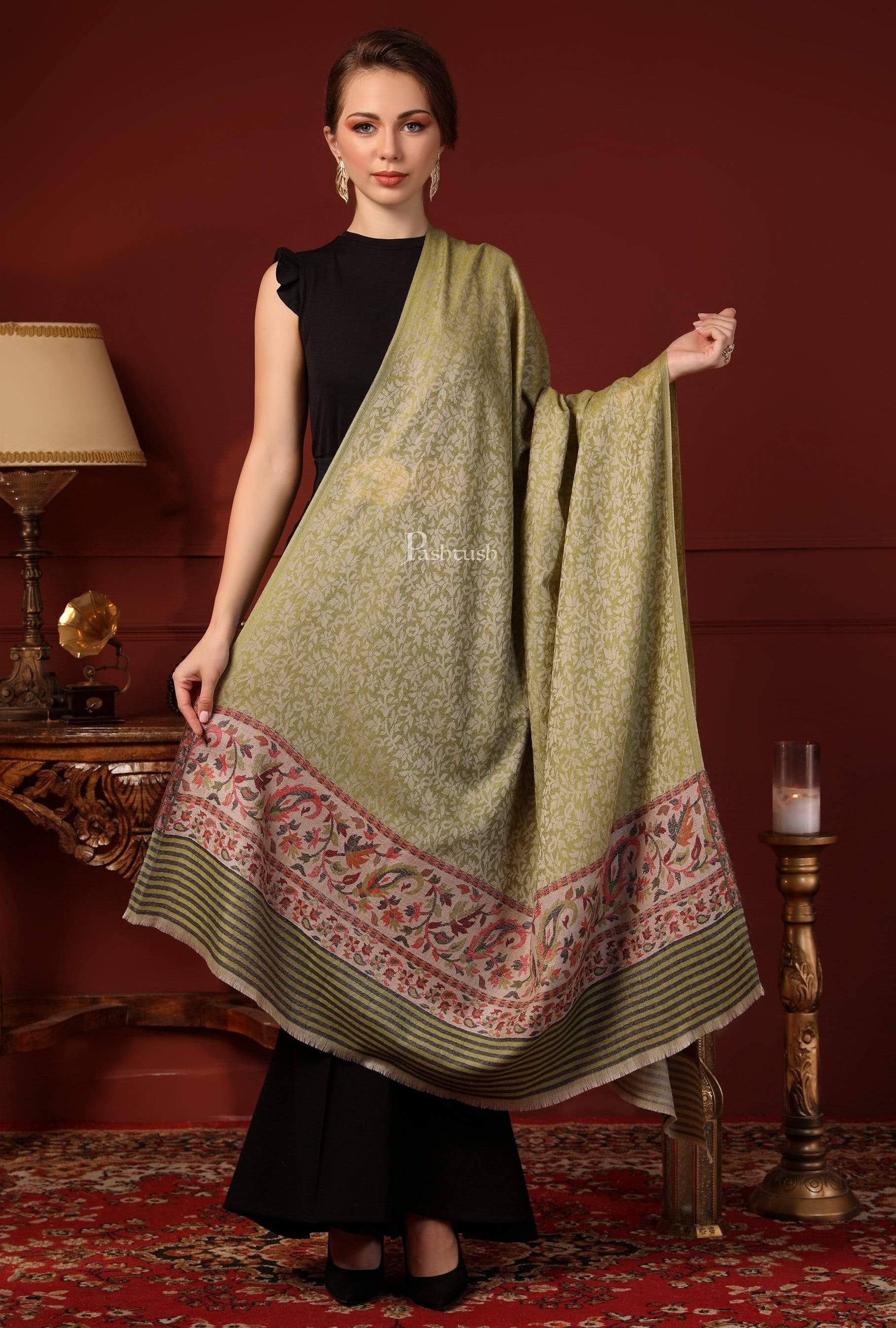 Pashtush Women'S Soft Wool Cashmere Blended Shawl, Ethnic Palla, Green