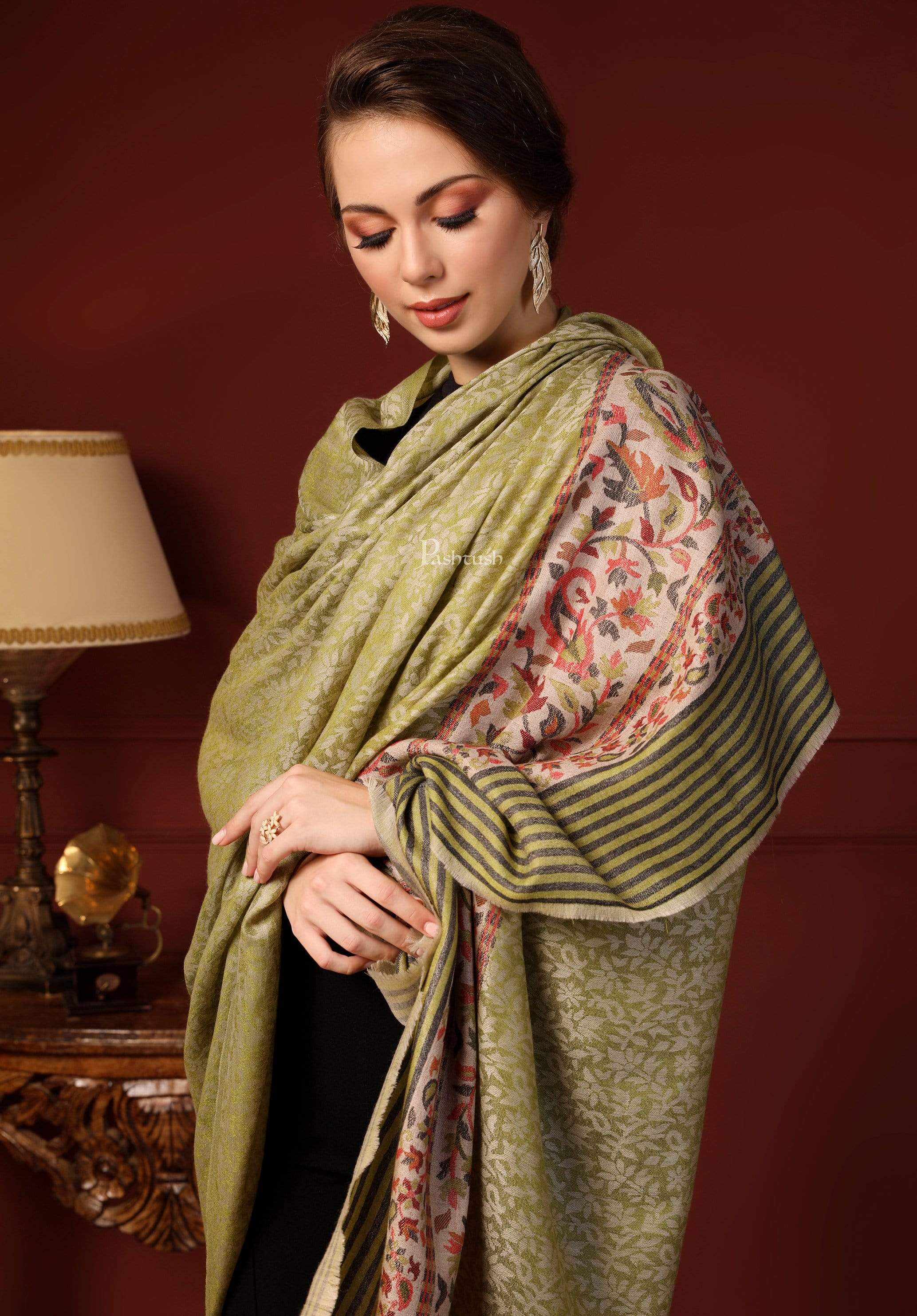 Pashtush Women'S Soft Wool Cashmere Blended Shawl, Ethnic Palla, Green - Image 3
