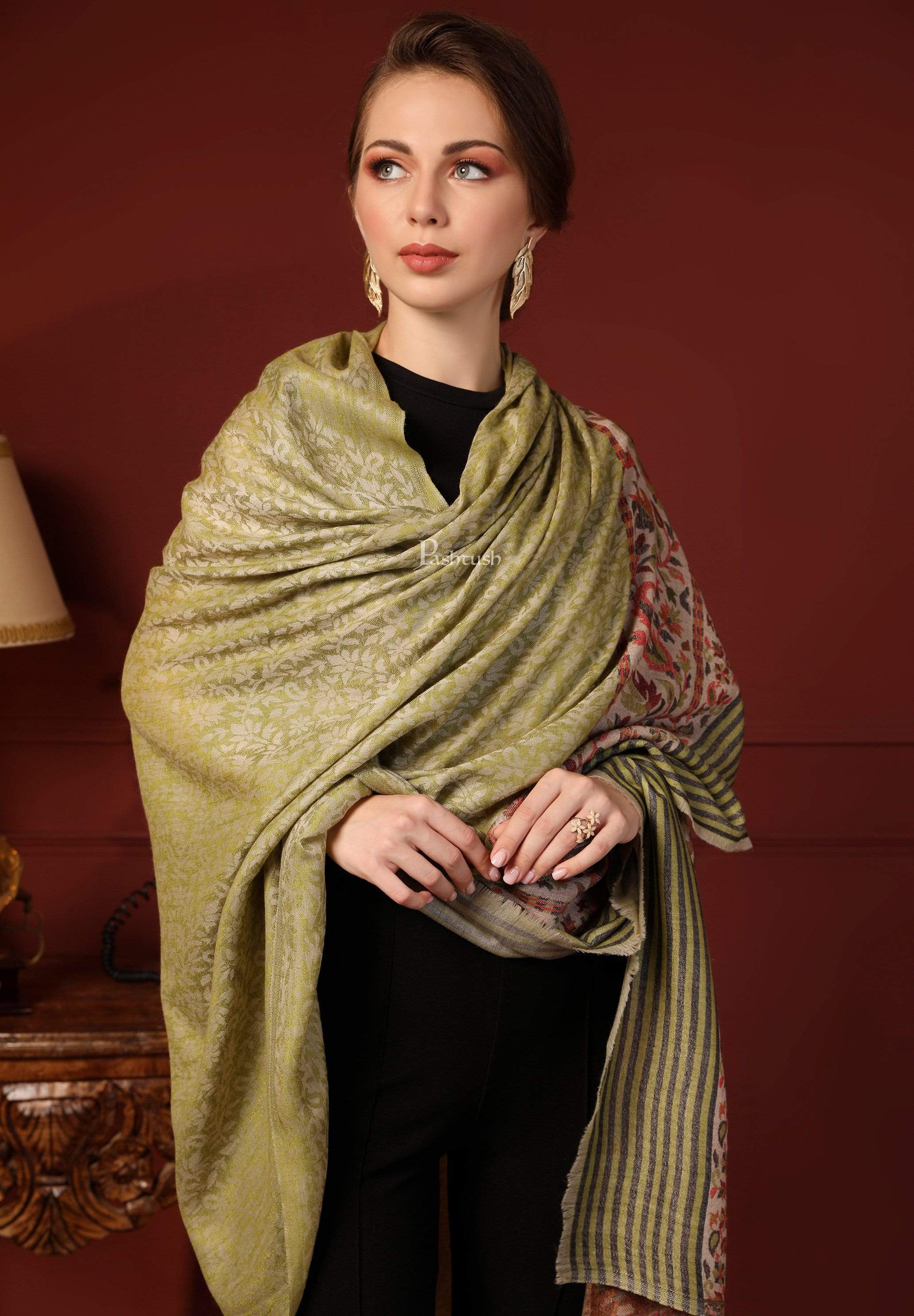 Pashtush Women'S Soft Wool Cashmere Blended Shawl, Ethnic Palla, Green - Image 4