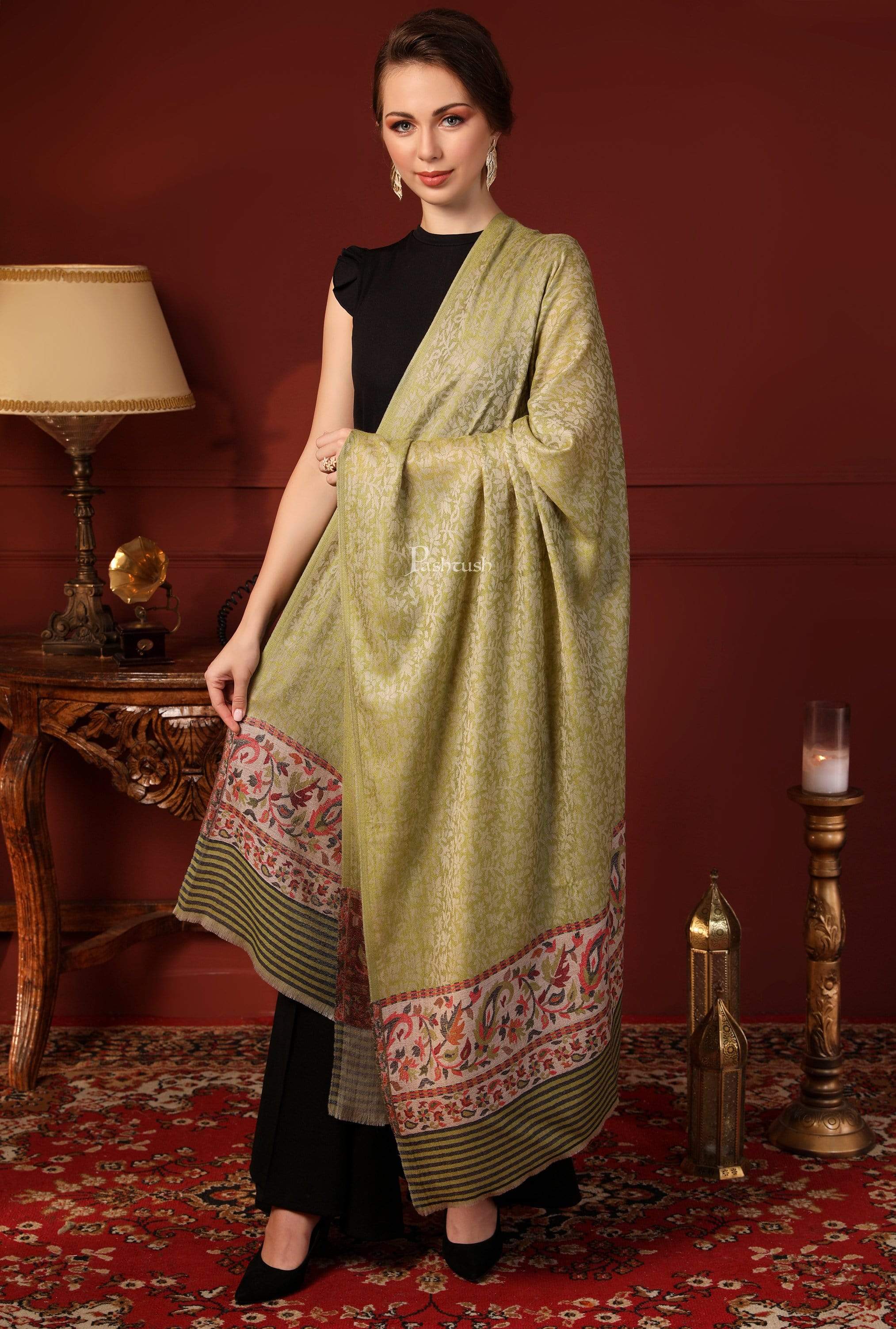 Pashtush Women'S Soft Wool Cashmere Blended Shawl, Ethnic Palla, Green - Image 5