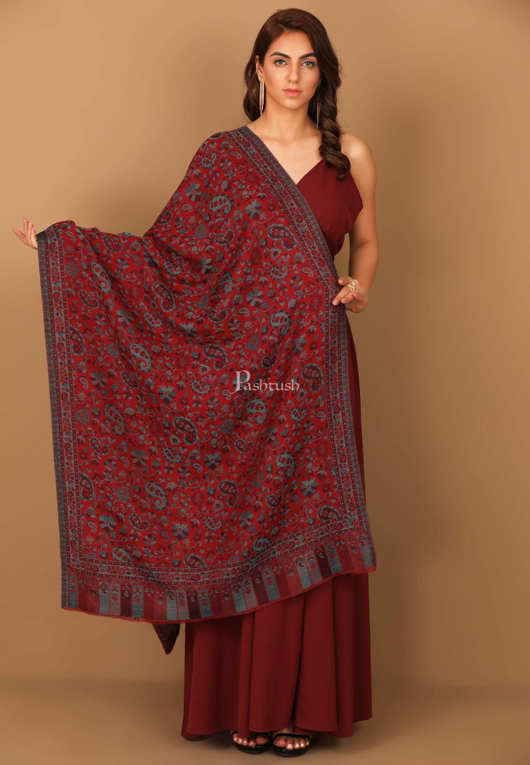 Pashtush Women'S Soft Wool, Reversible Stole, Scarf, Ethnic Weave, Deep Maroon