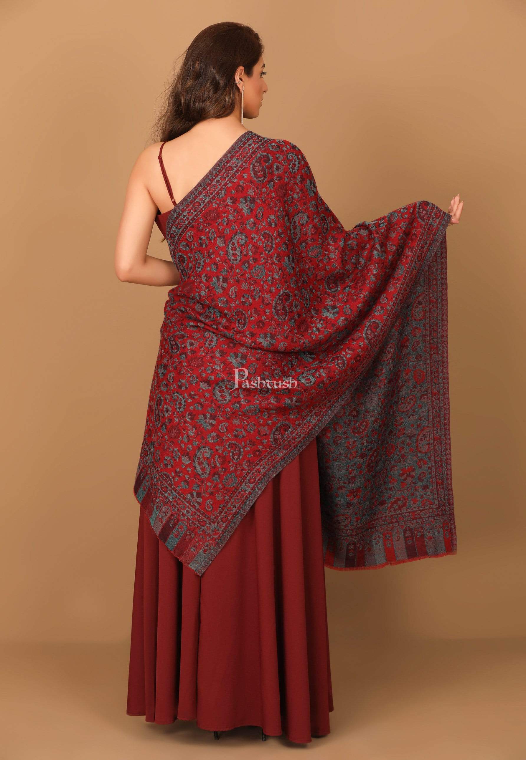 Pashtush Women'S Soft Wool, Reversible Stole, Scarf, Ethnic Weave, Deep Maroon - Image 3