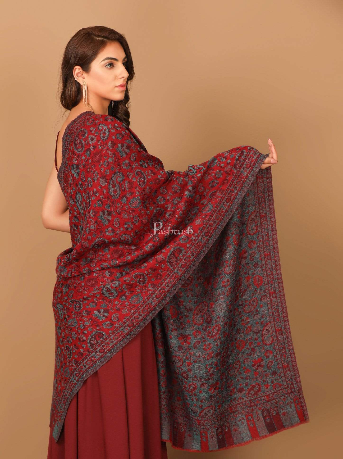 Pashtush Women'S Soft Wool, Reversible Stole, Scarf, Ethnic Weave, Deep Maroon - Image 6