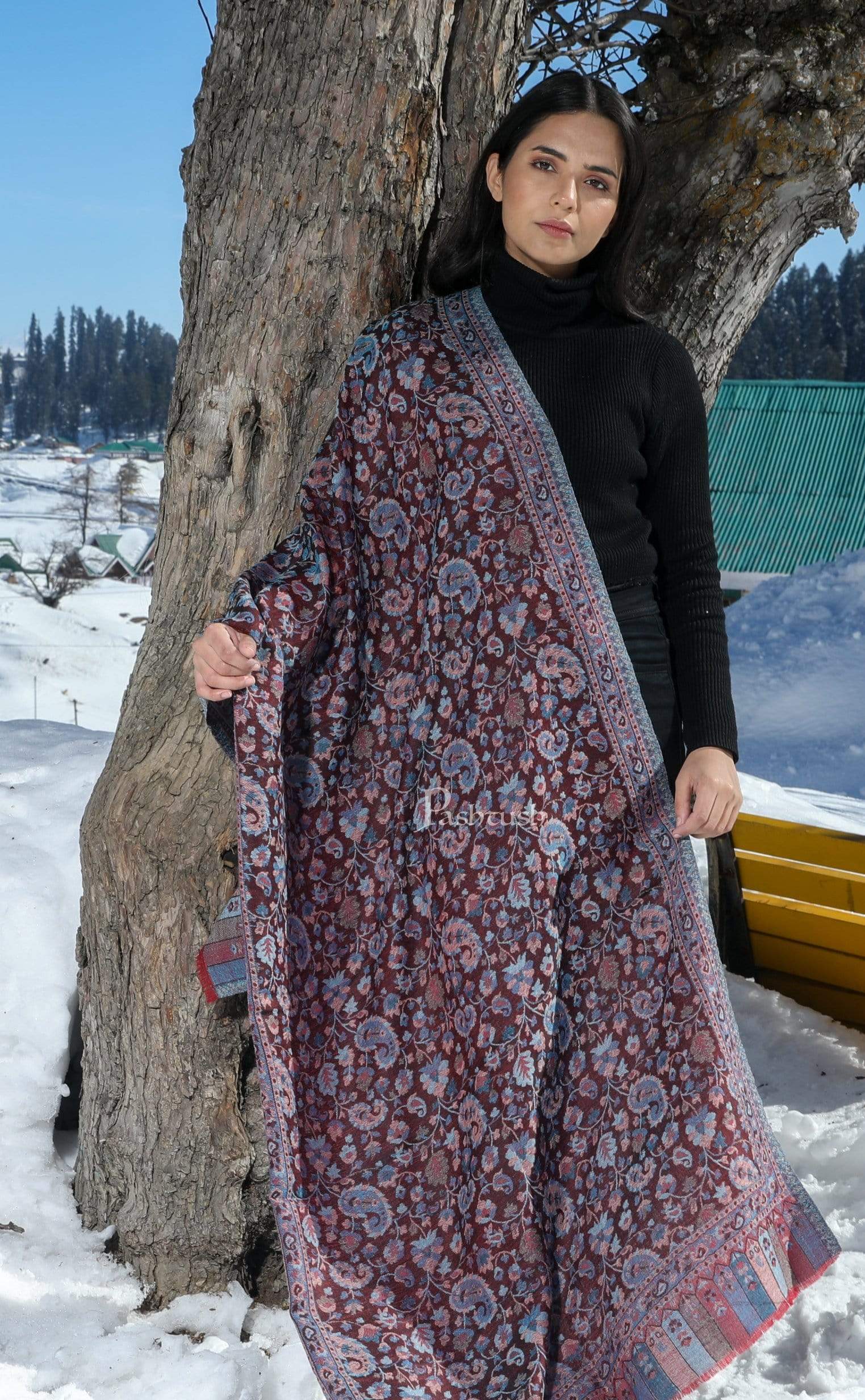 Pashtush Women'S Soft Wool, Reversible Stole, Scarf, Ethnic Weave, Plum - Image 5