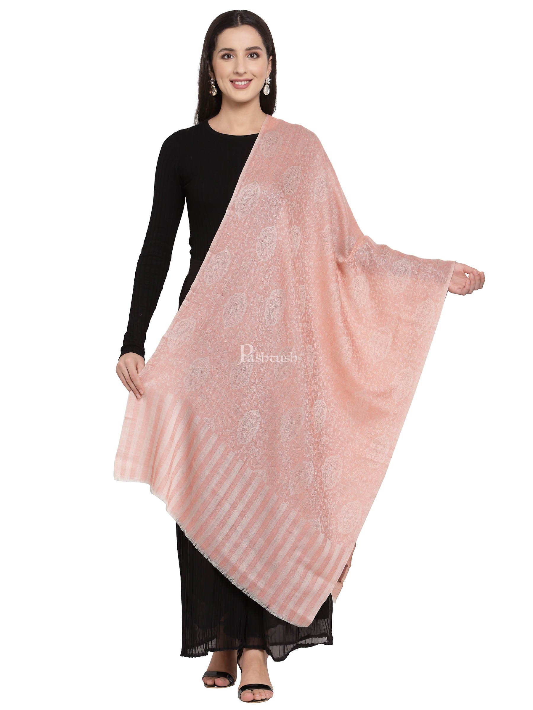 Pashtush Women'S Soft Wool, Reversible Stole Scarf, Paisley Weave, Salmon Colour