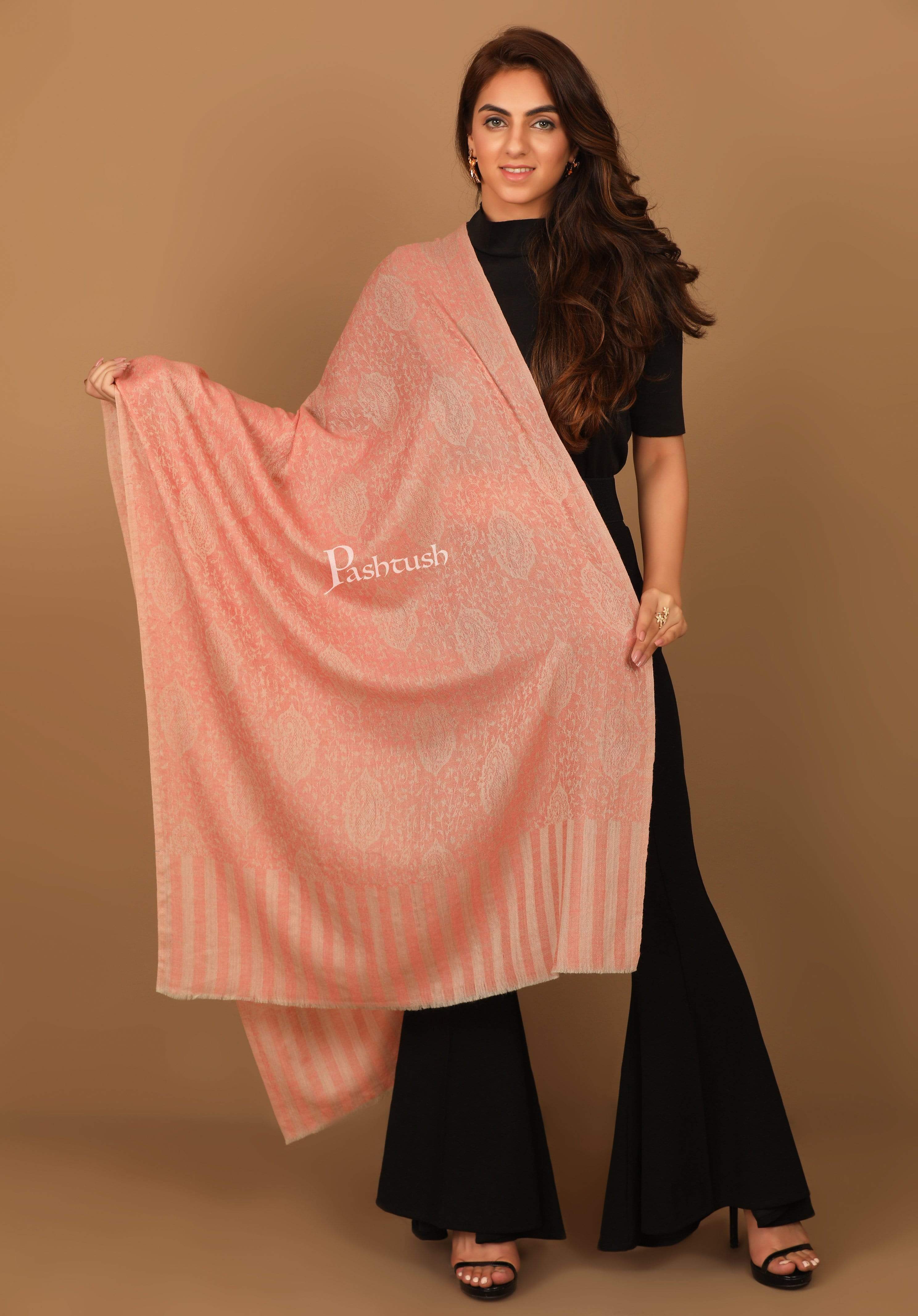 Pashtush Women'S Soft Wool, Reversible Stole Scarf, Paisley Weave, Salmon Colour
