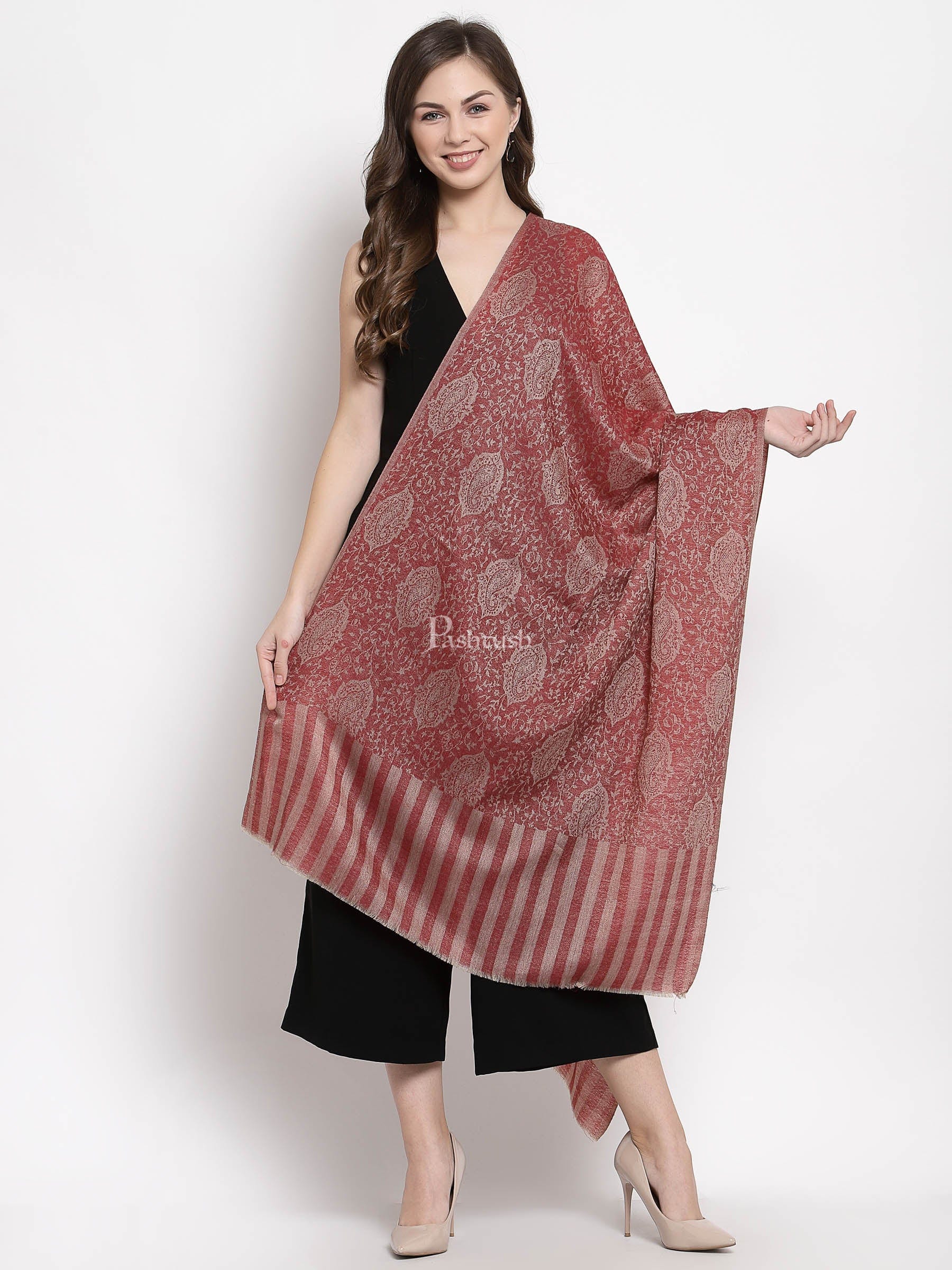 Pashtush Women'S Soft Wool, Reversible Stole Scarf, Self Paisley Weave, Maroon