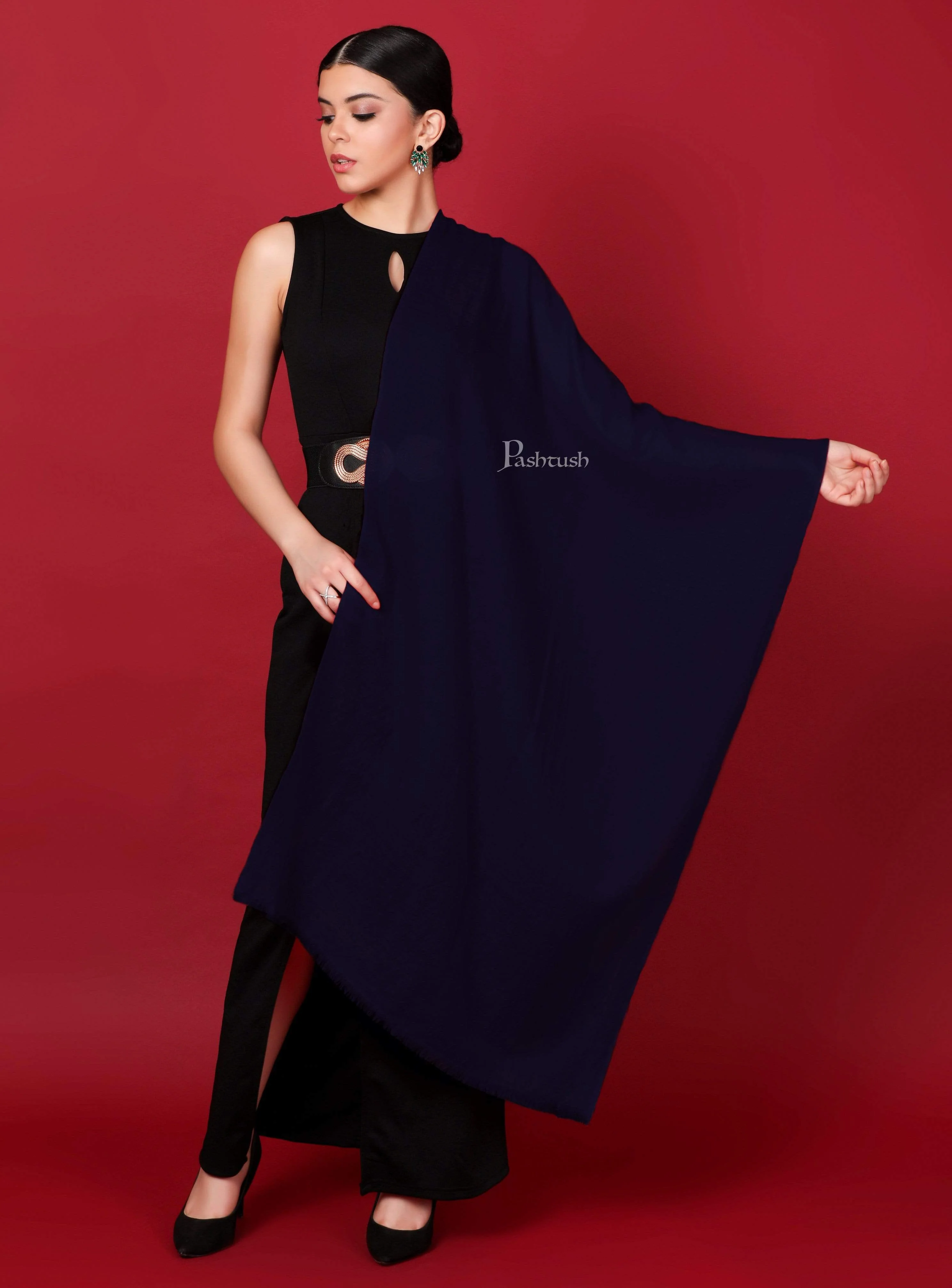 Pashtush Womens Softest Cashmere Scarf, Diamond Weave, Navy Blue