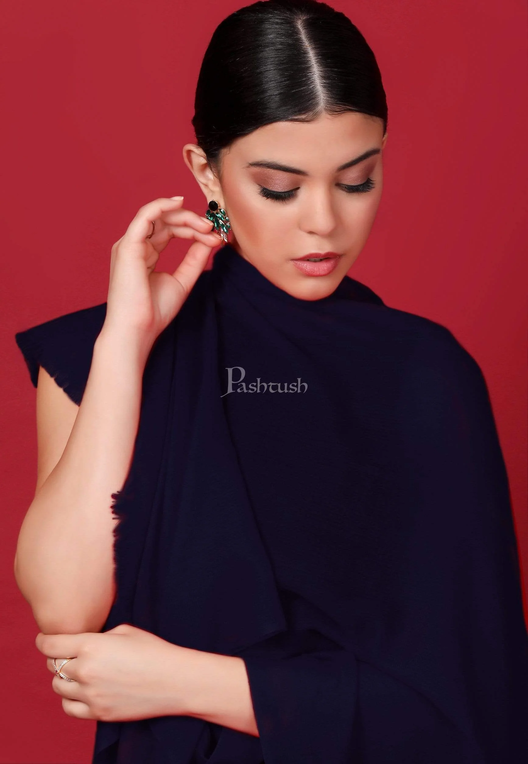 Pashtush Womens Softest Cashmere Scarf, Diamond Weave, Navy Blue - Image 4