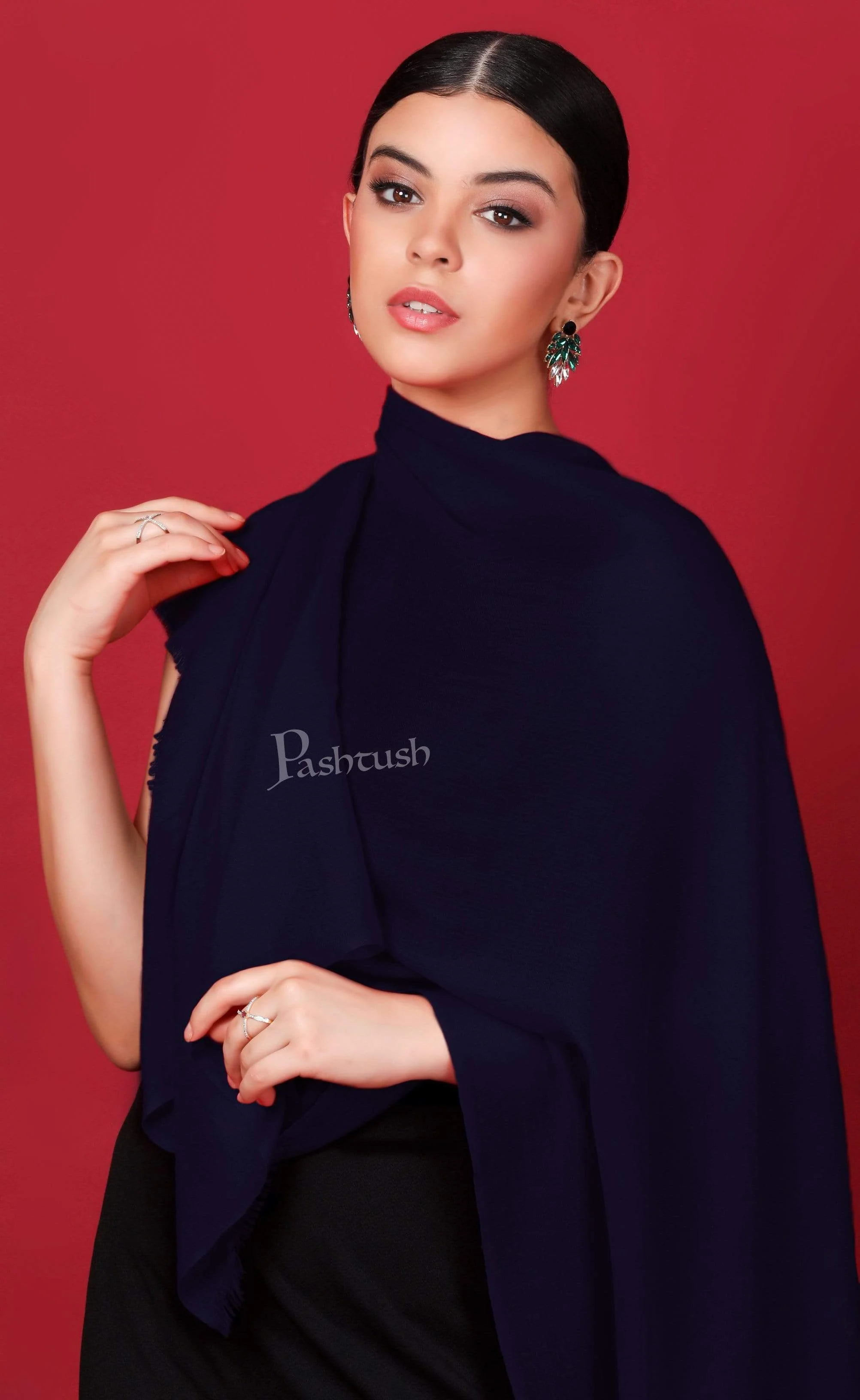 Pashtush Womens Softest Cashmere Scarf, Diamond Weave, Navy Blue - Image 5
