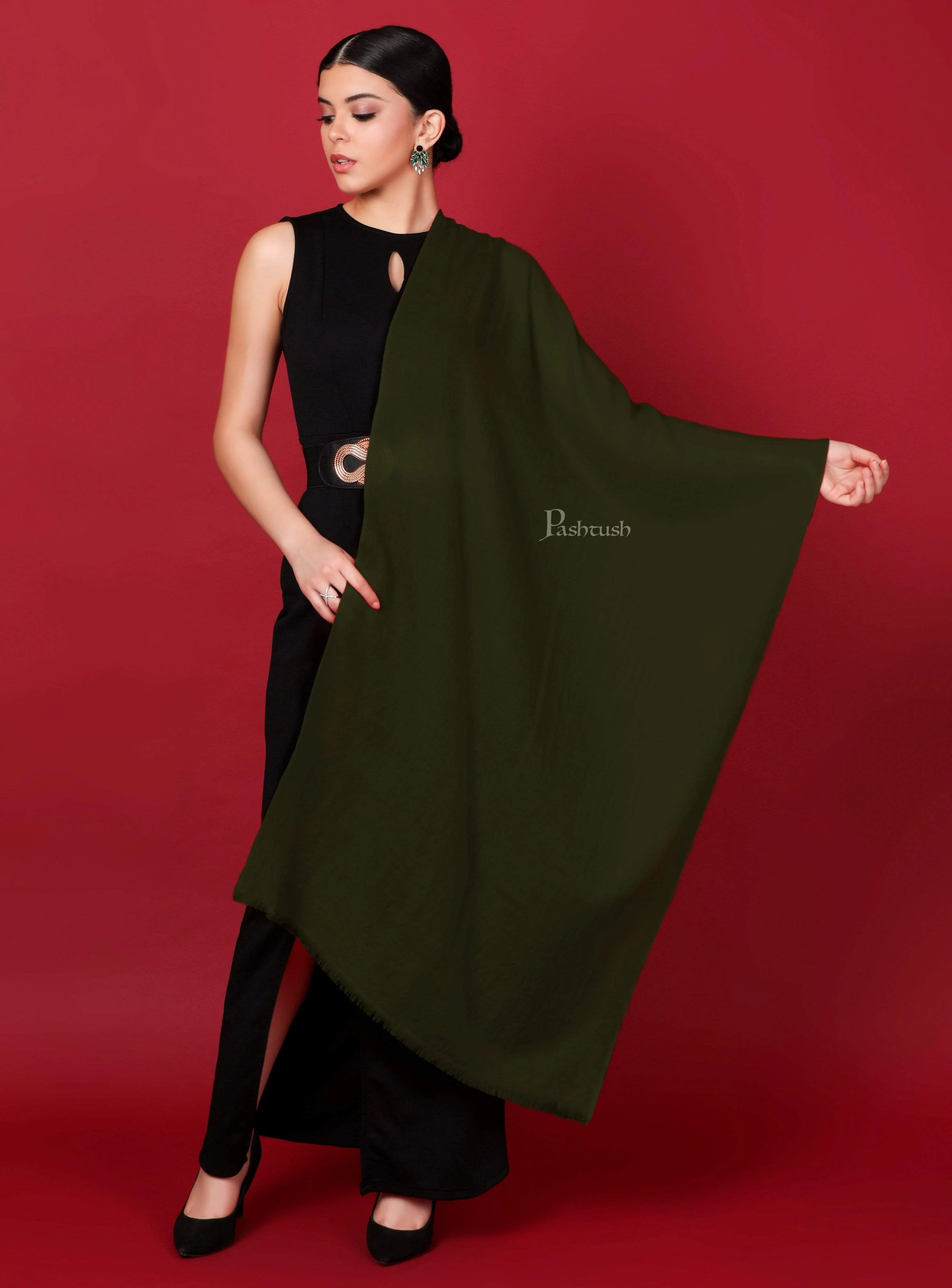 Pashtush Womens Softest Cashmere Scarf, Diamond Weave, Olive