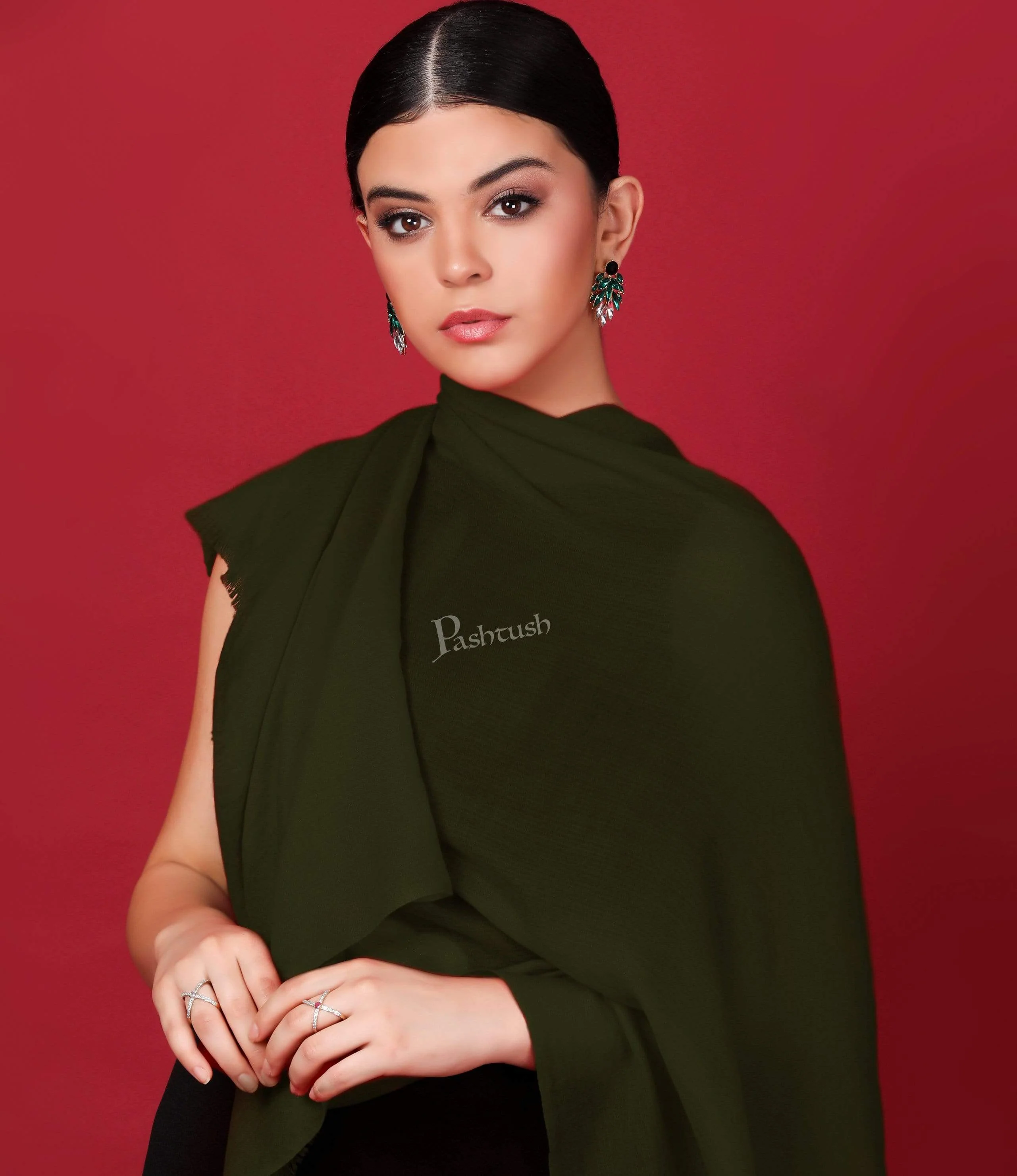 Pashtush Womens Softest Cashmere Scarf, Diamond Weave, Olive - Image 6
