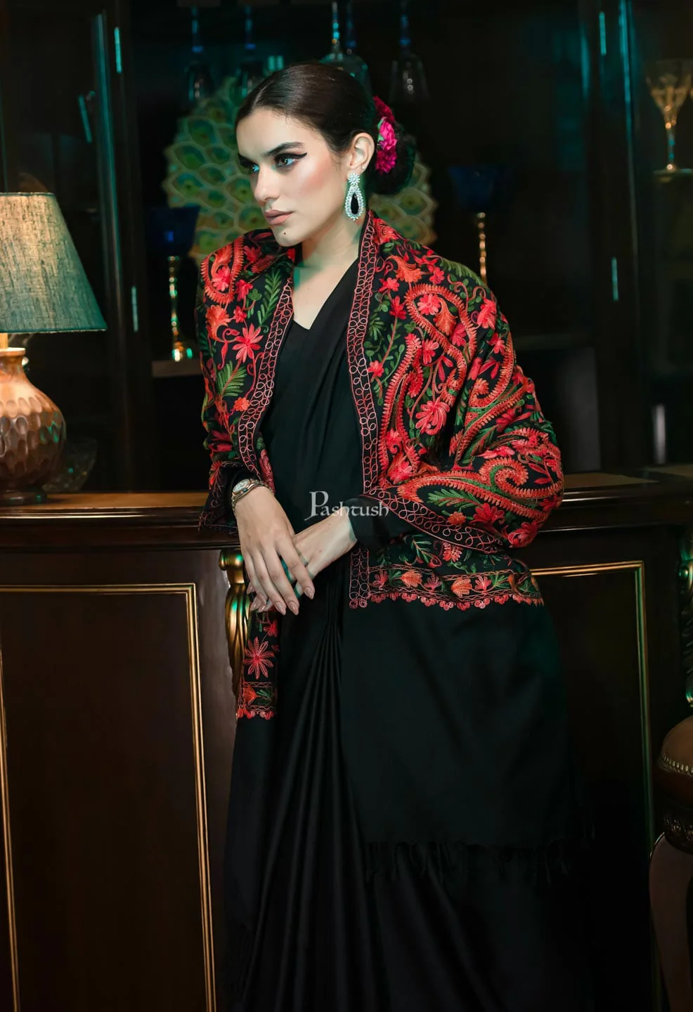 Pashtush Womens Stole, aari embroidery, Victorian Paisleys, Black - Image 2