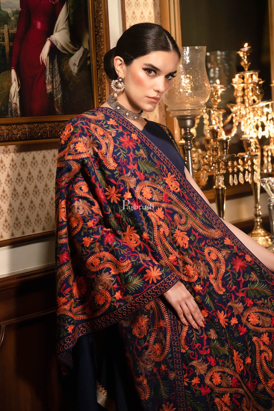 Pashtush Womens Stole, aari embroidery, Victorian Paisleys, Navy Blue