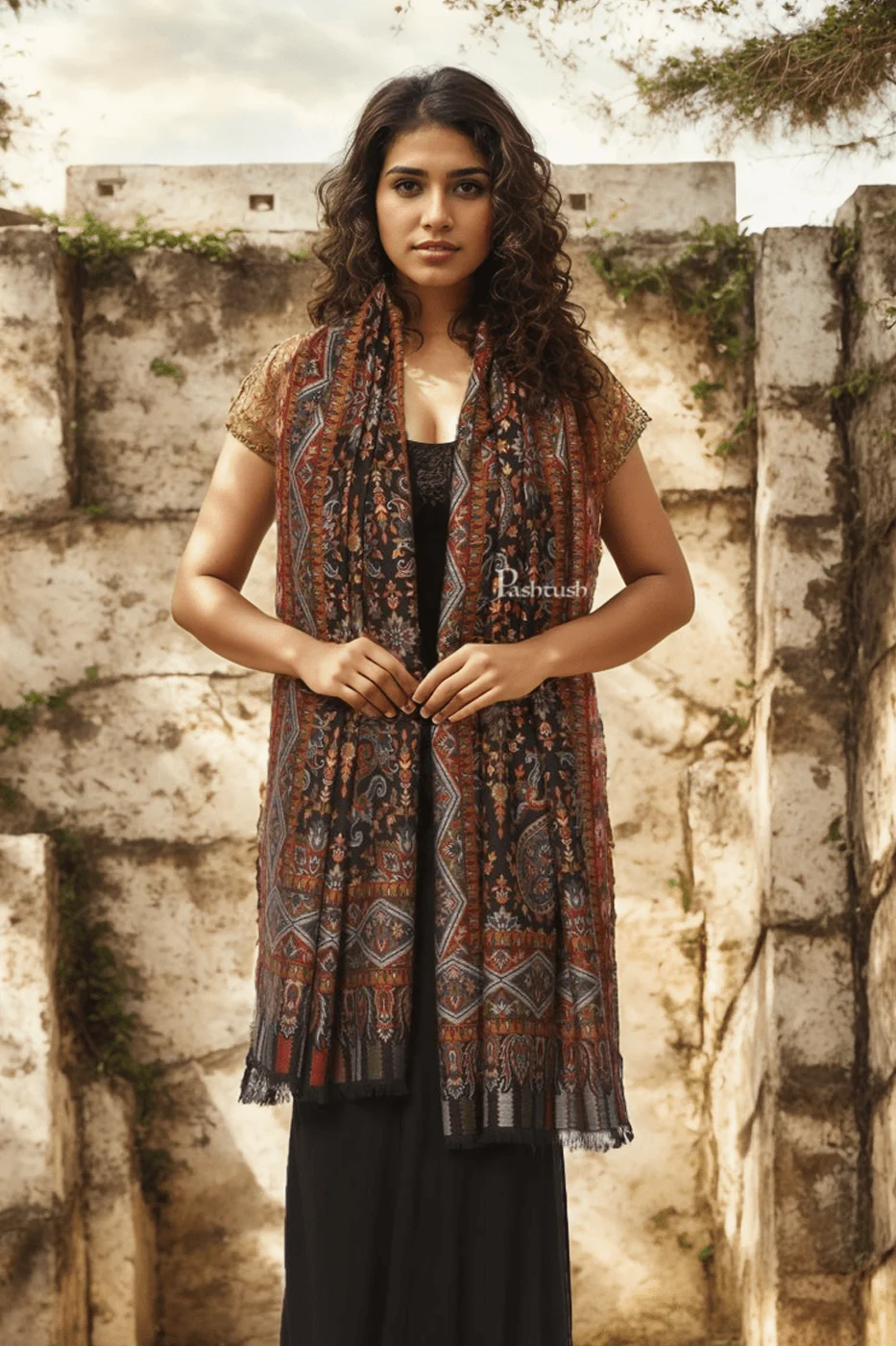 Pashtush Womens Stole, Ethnic Weave Design, Black