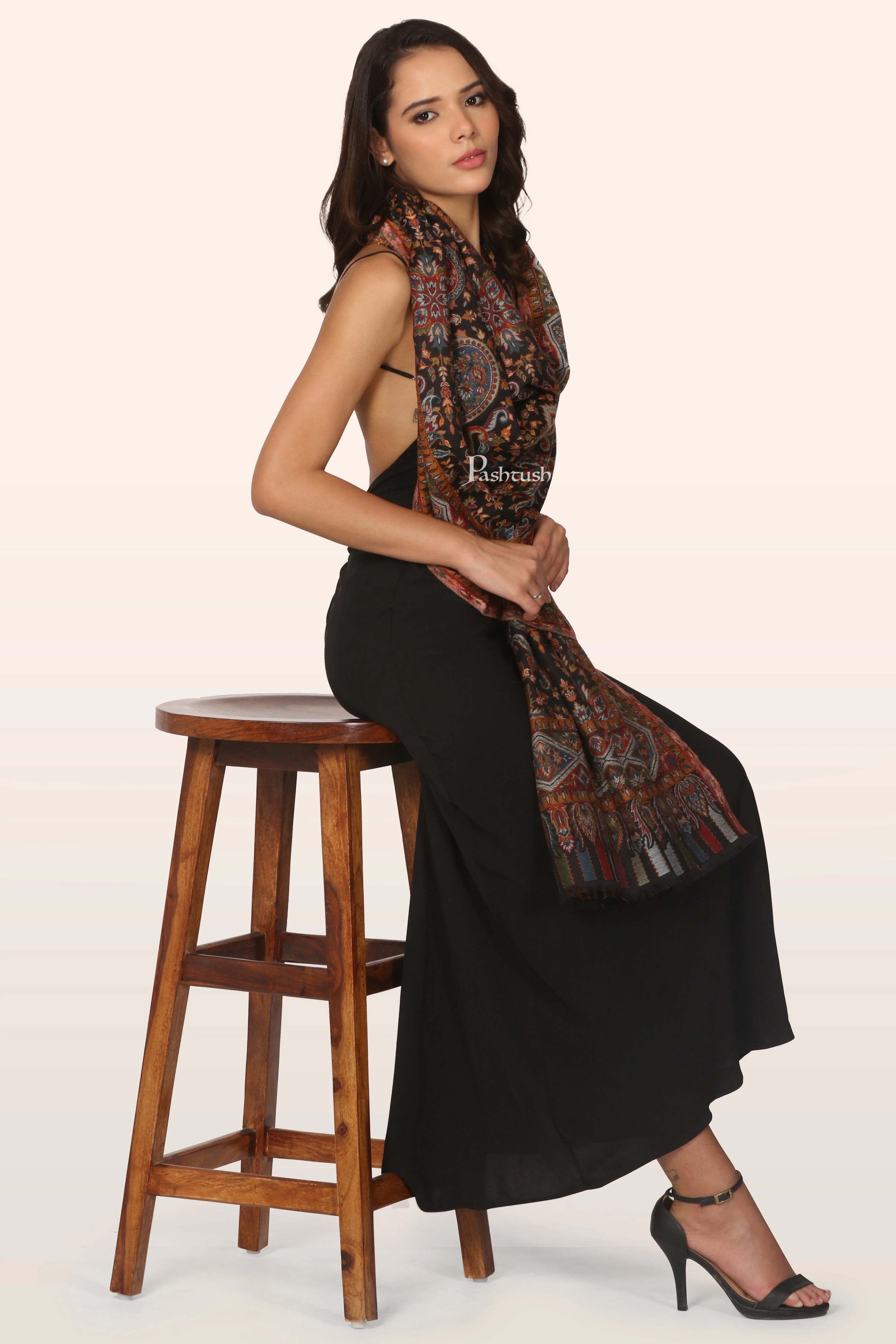 Pashtush Womens Stole, Ethnic Weave Design, Black - Image 6