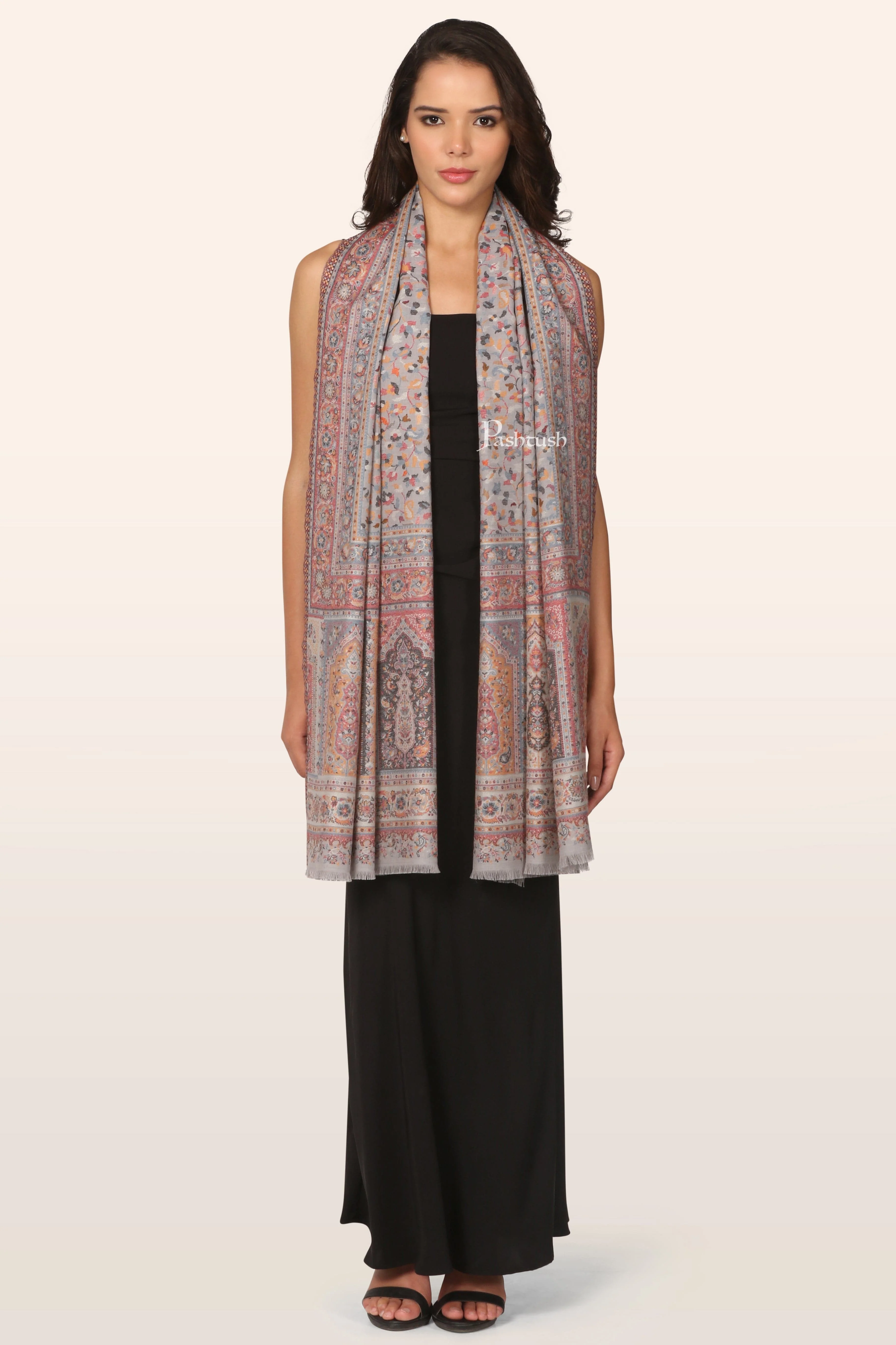 Pashtush Womens faux pashmina Stole, Ethnic Weave Design, Slate - Image 3