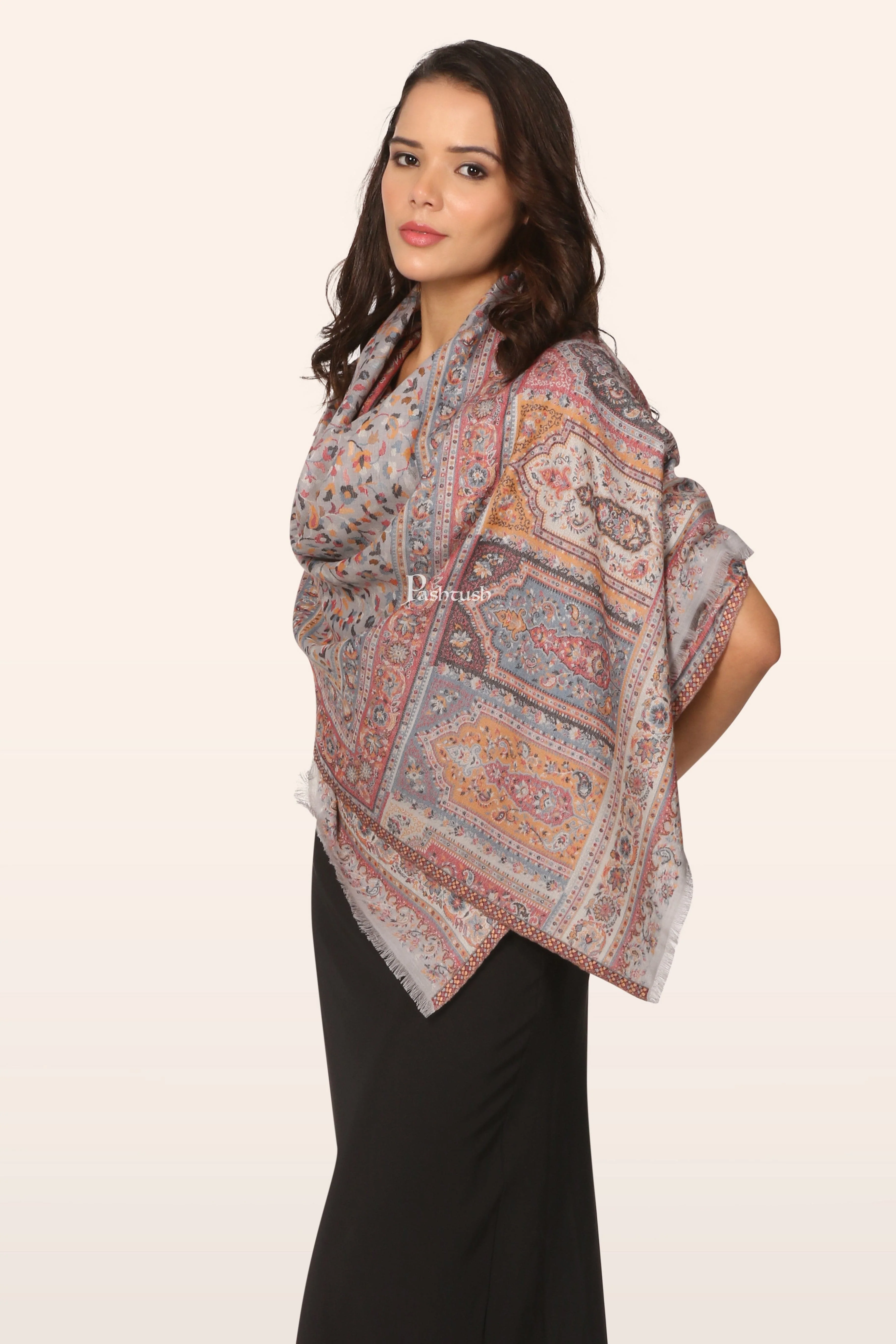 Pashtush Womens faux pashmina Stole, Ethnic Weave Design, Slate - Image 5