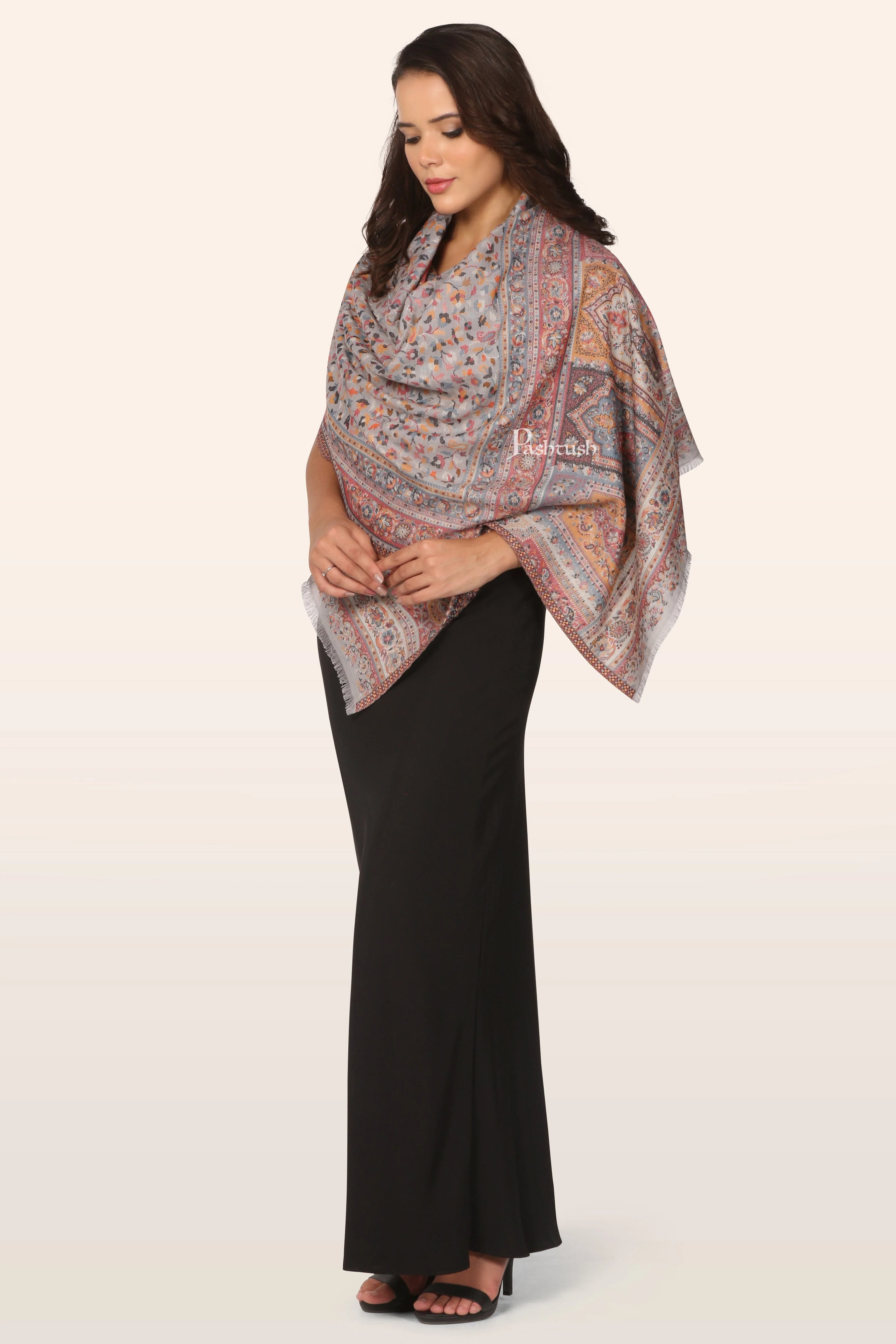 Pashtush Womens faux pashmina Stole, Ethnic Weave Design, Slate - Image 6