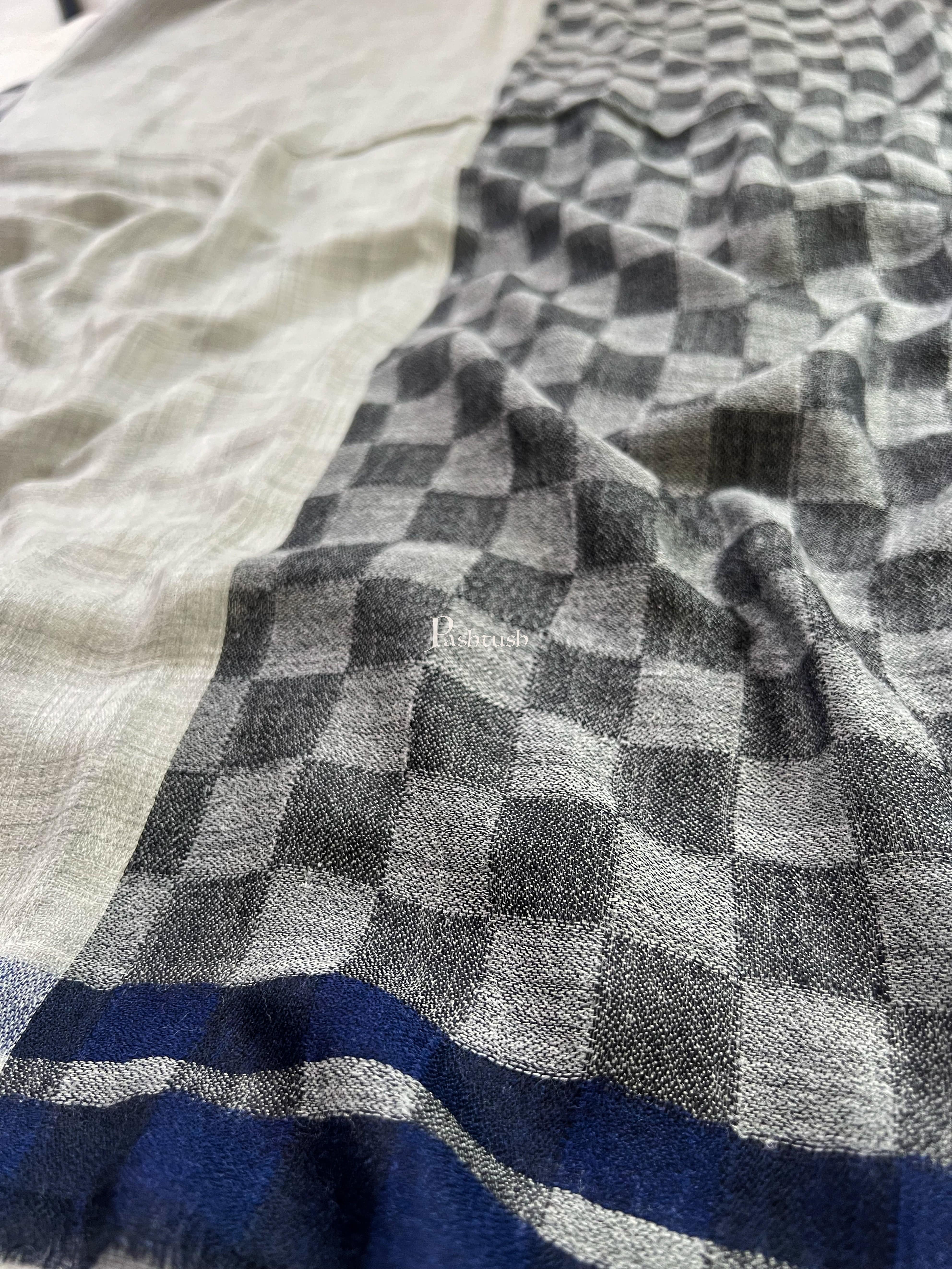 Pashtush Men Stole, Extra Fine Silk Wool, Checkered Weave Twin Coloured, Navy Blue - Image 3