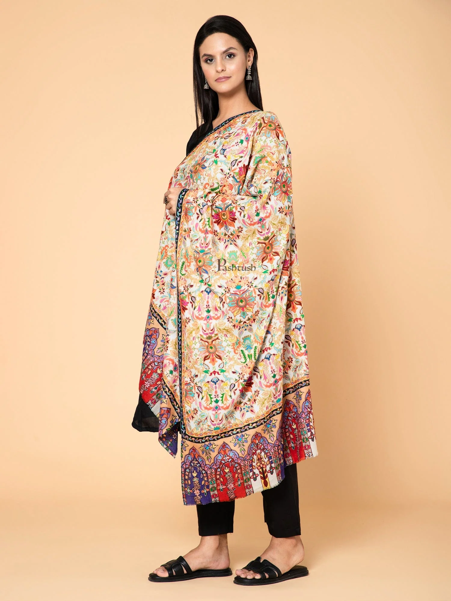 Pashtush Womens Stole, Extra Fine Wool Kalamakri with Outline Hand Embrodiery, Multicolour - Image 4