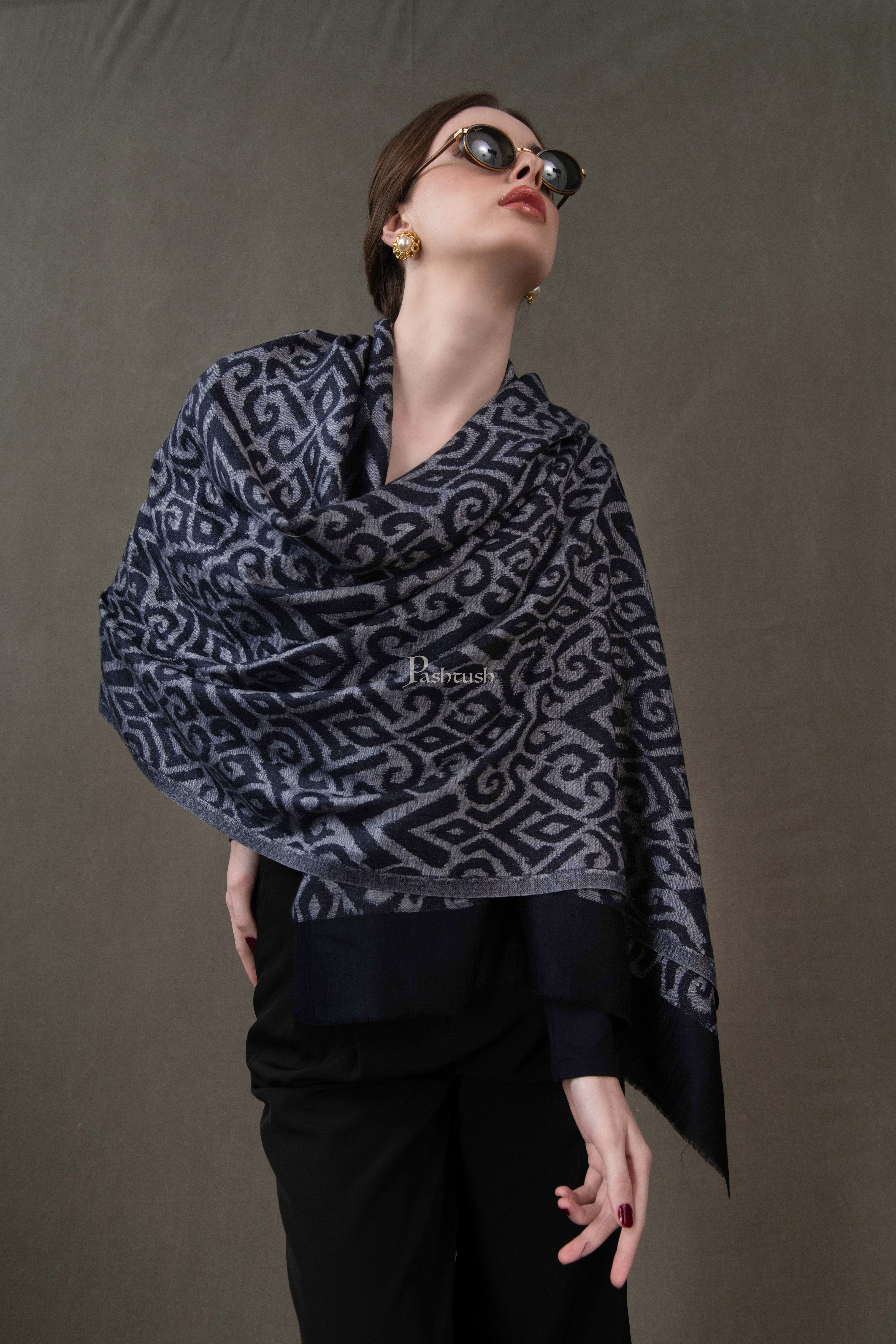 Pashtush Womens Stole, Extra Fine Wool-Silk, Damascus Black