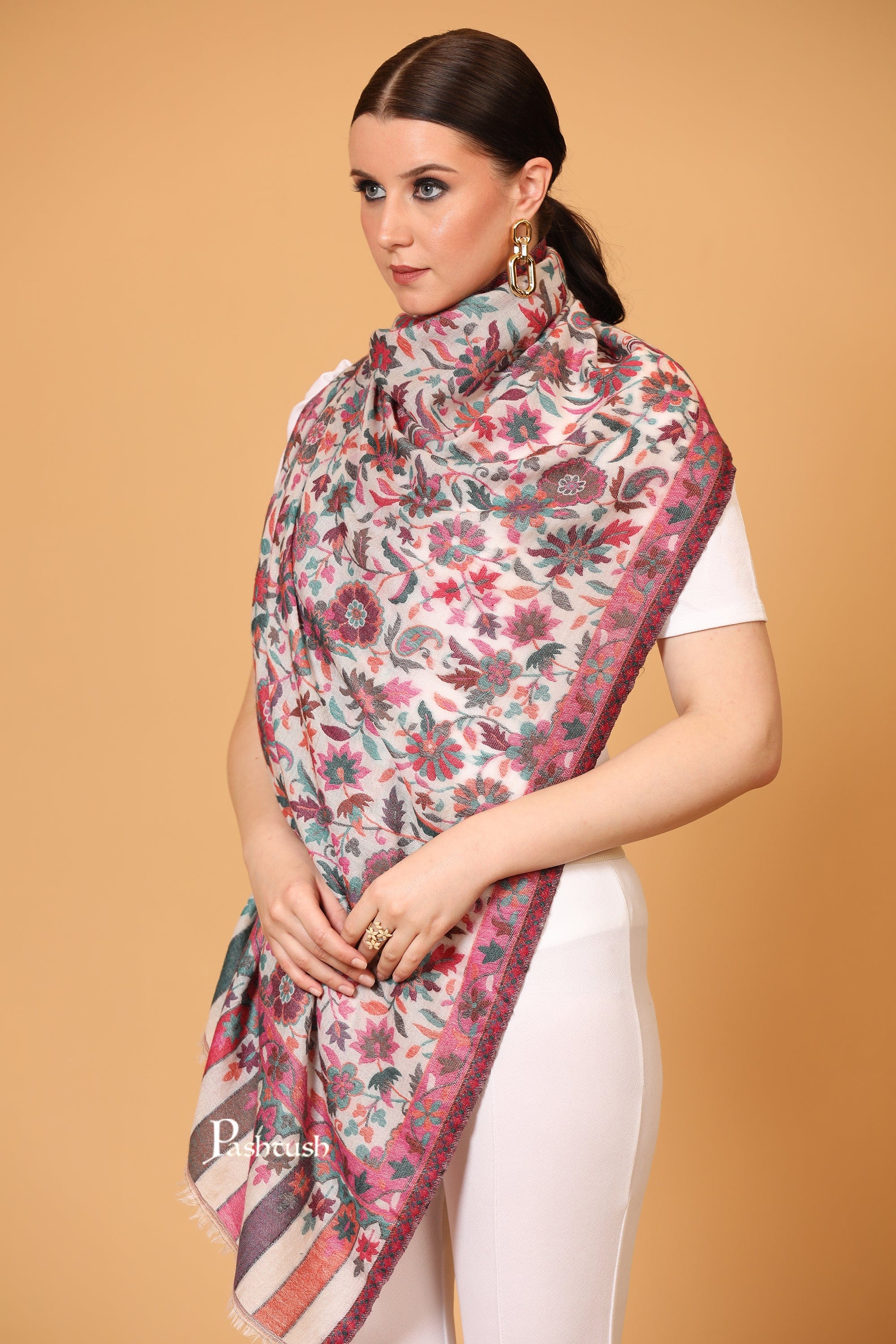 Pashtush Womens Stole, Extra Soft Fine Wool, Cashmere Wool, Ethnic Weave, Ivory - Image 2