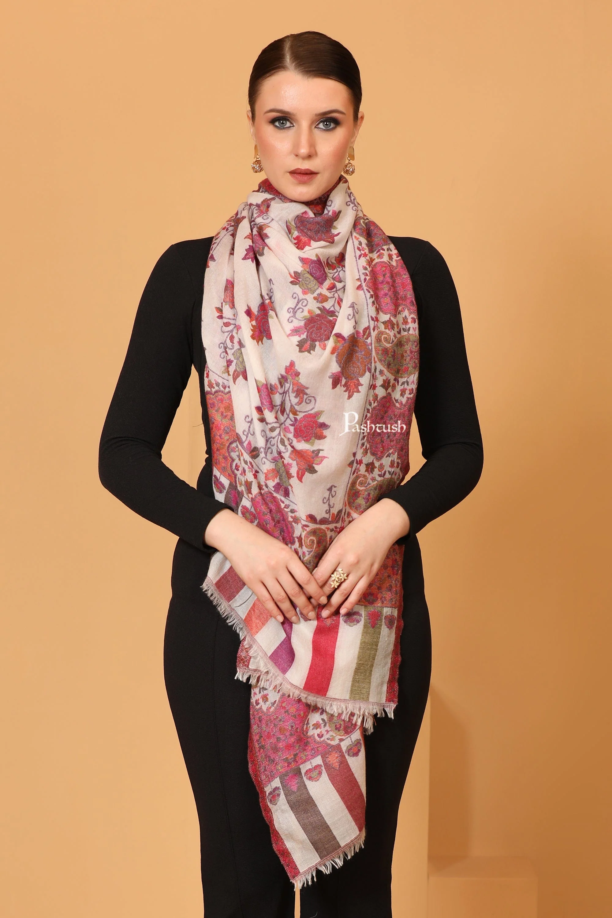 Pashtush Womens Stole, Extra Soft Fine Cashmere Wool, Woven Design, Pastels