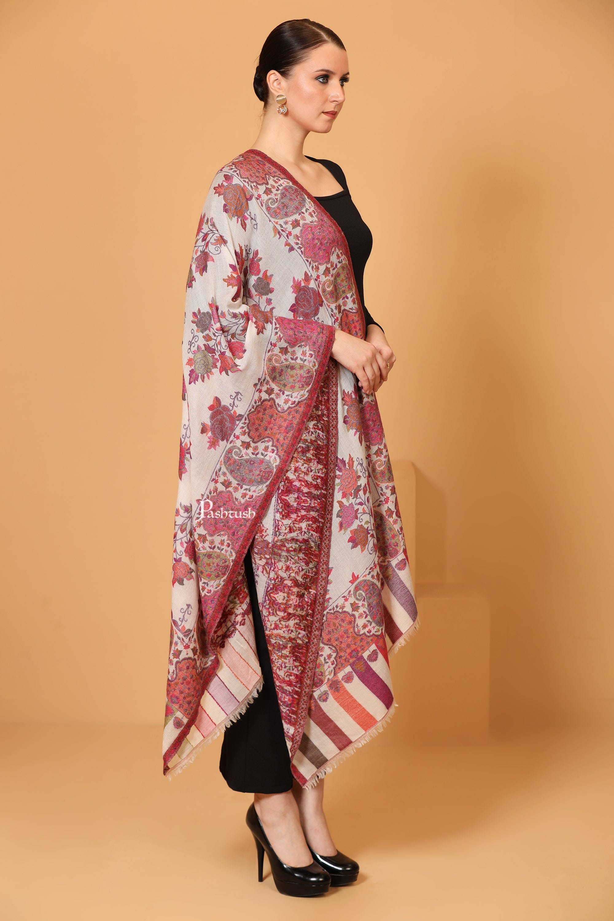 Pashtush Womens Stole, Extra Soft Fine Cashmere Wool, Woven Design, Pastels - Image 4
