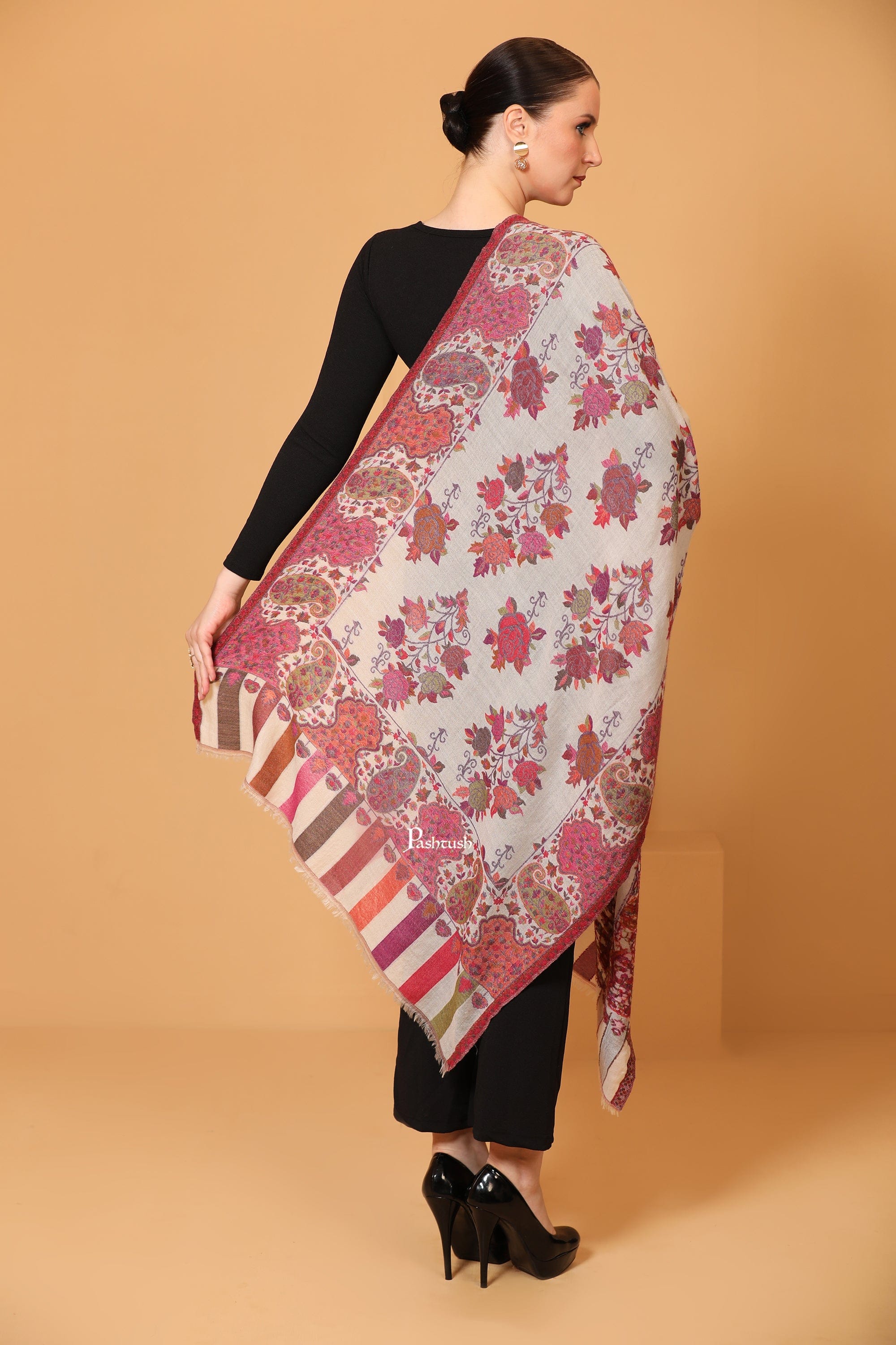 Pashtush Womens Stole, Extra Soft Fine Cashmere Wool, Woven Design, Pastels - Image 5