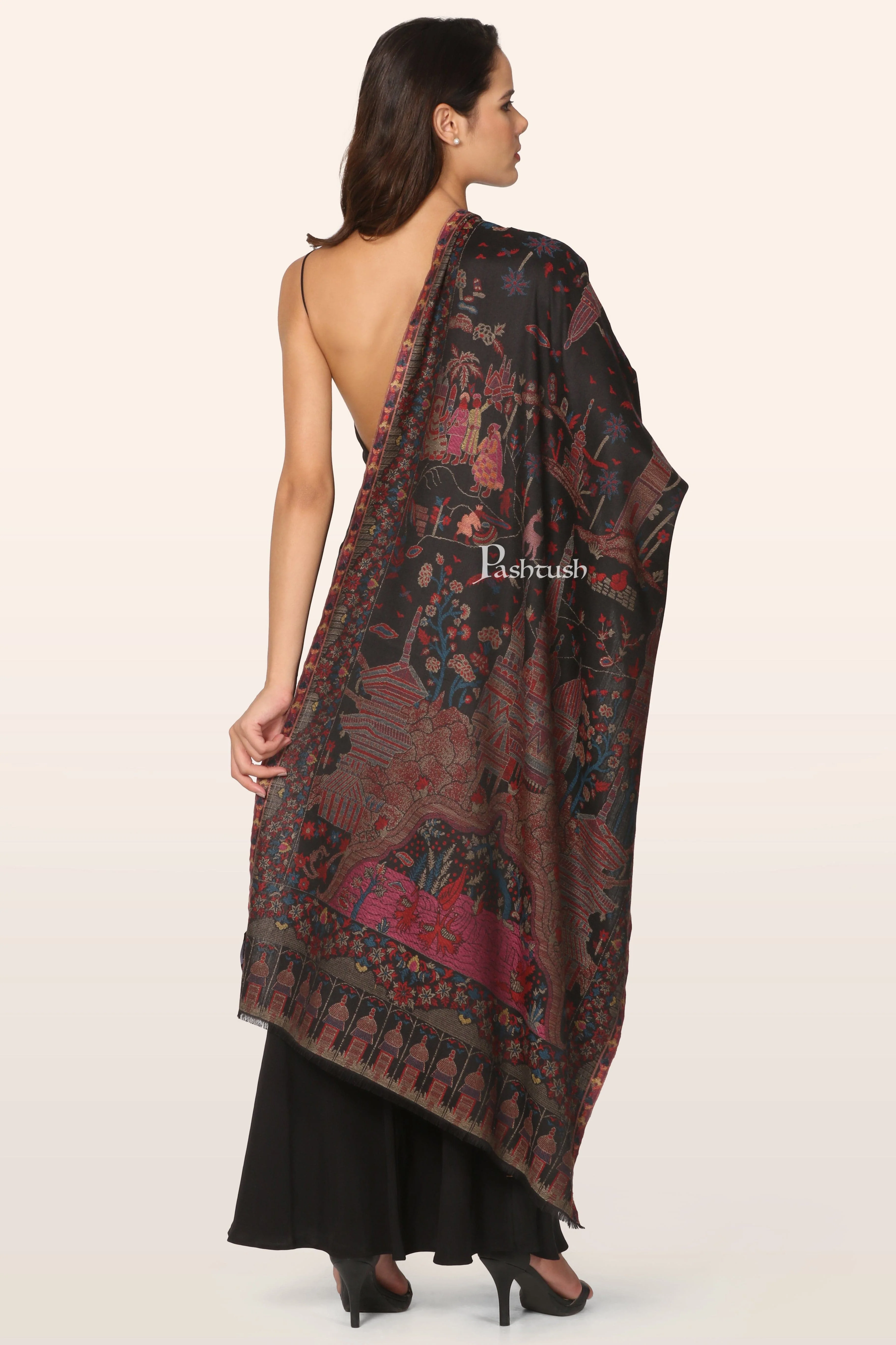 Pashtush Womens Stole, Faux Pashmina, Royal Palace Woven Design, Black - Image 6