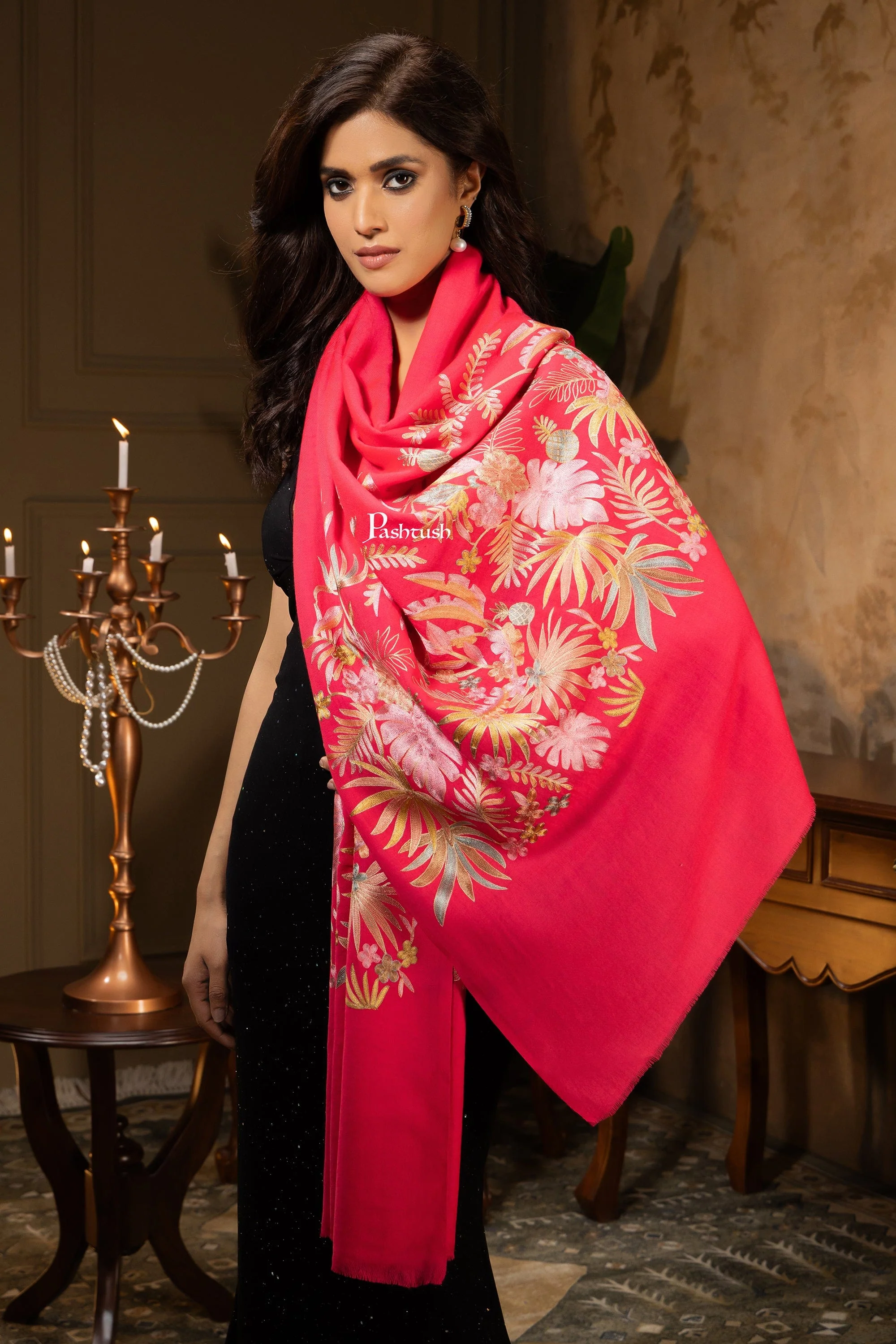 Pashtush Womens Stole, Fine Wool Hand Crafted Nalki Embroidery, Fuchsia