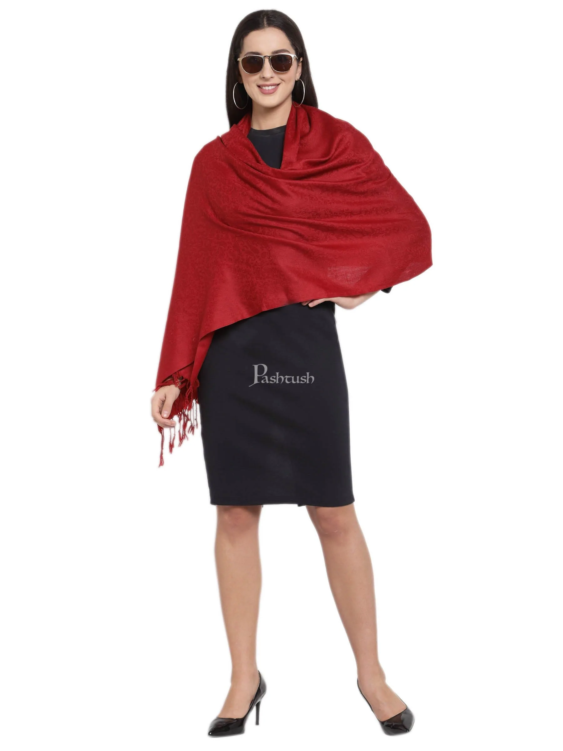 Pashtush Womens Stole, Fine Wool Scarf, Paisley Jacquard Weave, Maroon - Image 4
