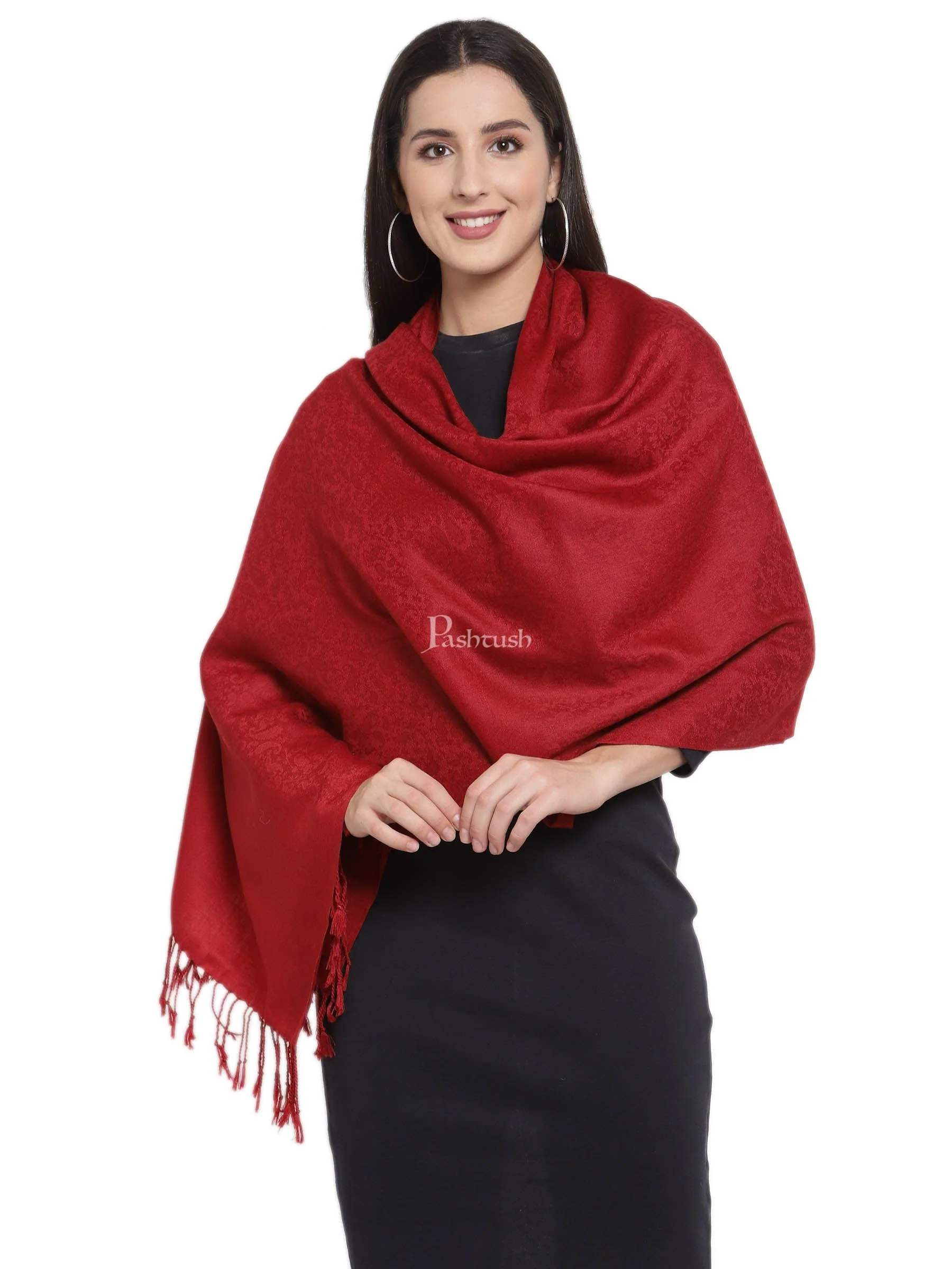 Pashtush Womens Stole, Fine Wool Scarf, Paisley Jacquard Weave, Maroon - Image 5