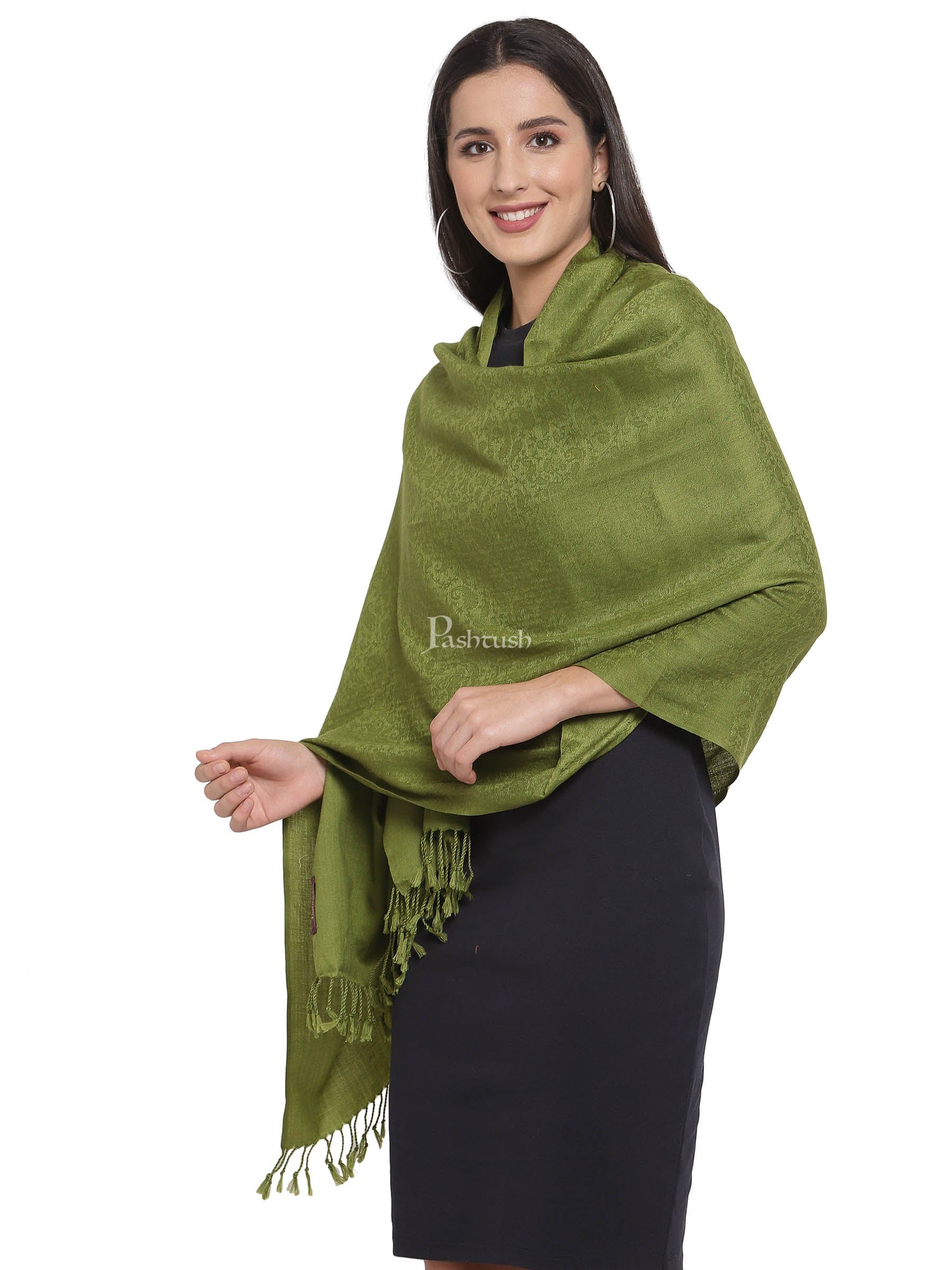 Pashtush Womens Stole, Fine Wool Scarf, Paisley Jacquard Weave, Olive Green - Image 3