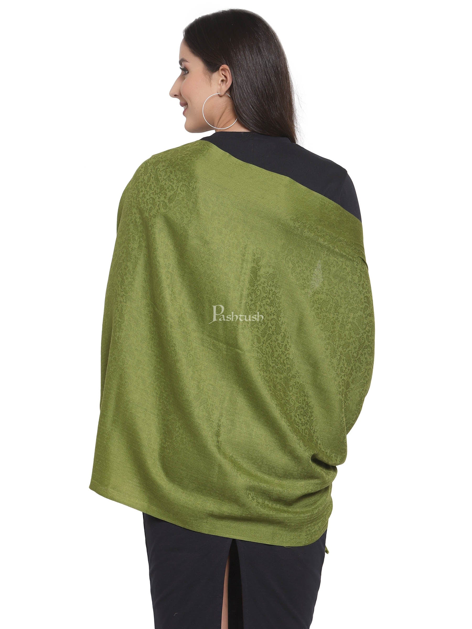Pashtush Womens Stole, Fine Wool Scarf, Paisley Jacquard Weave, Olive Green - Image 4
