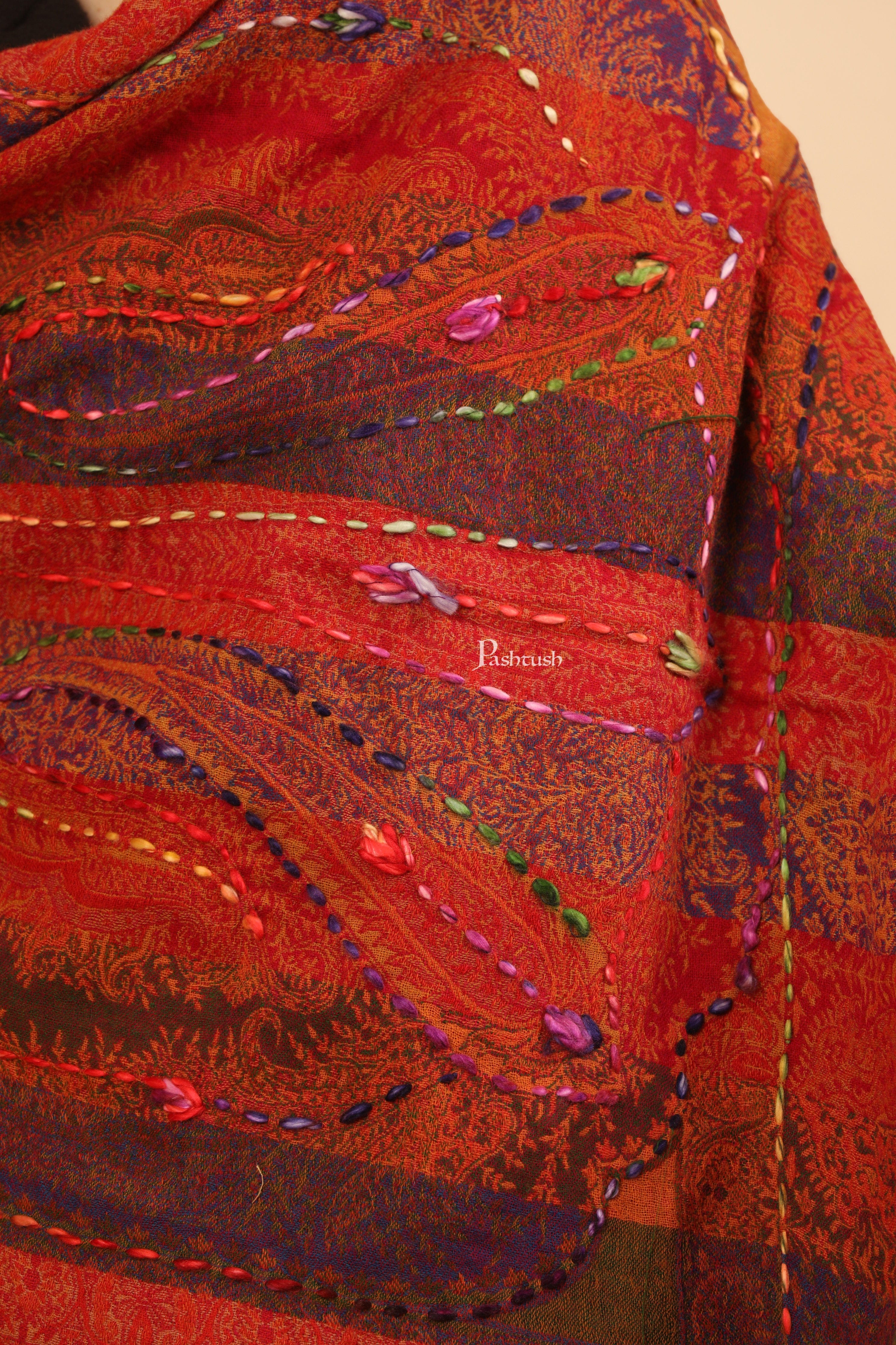 Pashtush Womens Stole, Hand Embroidery with Woollen Thread, Soft and Warm, Crimson - Image 2
