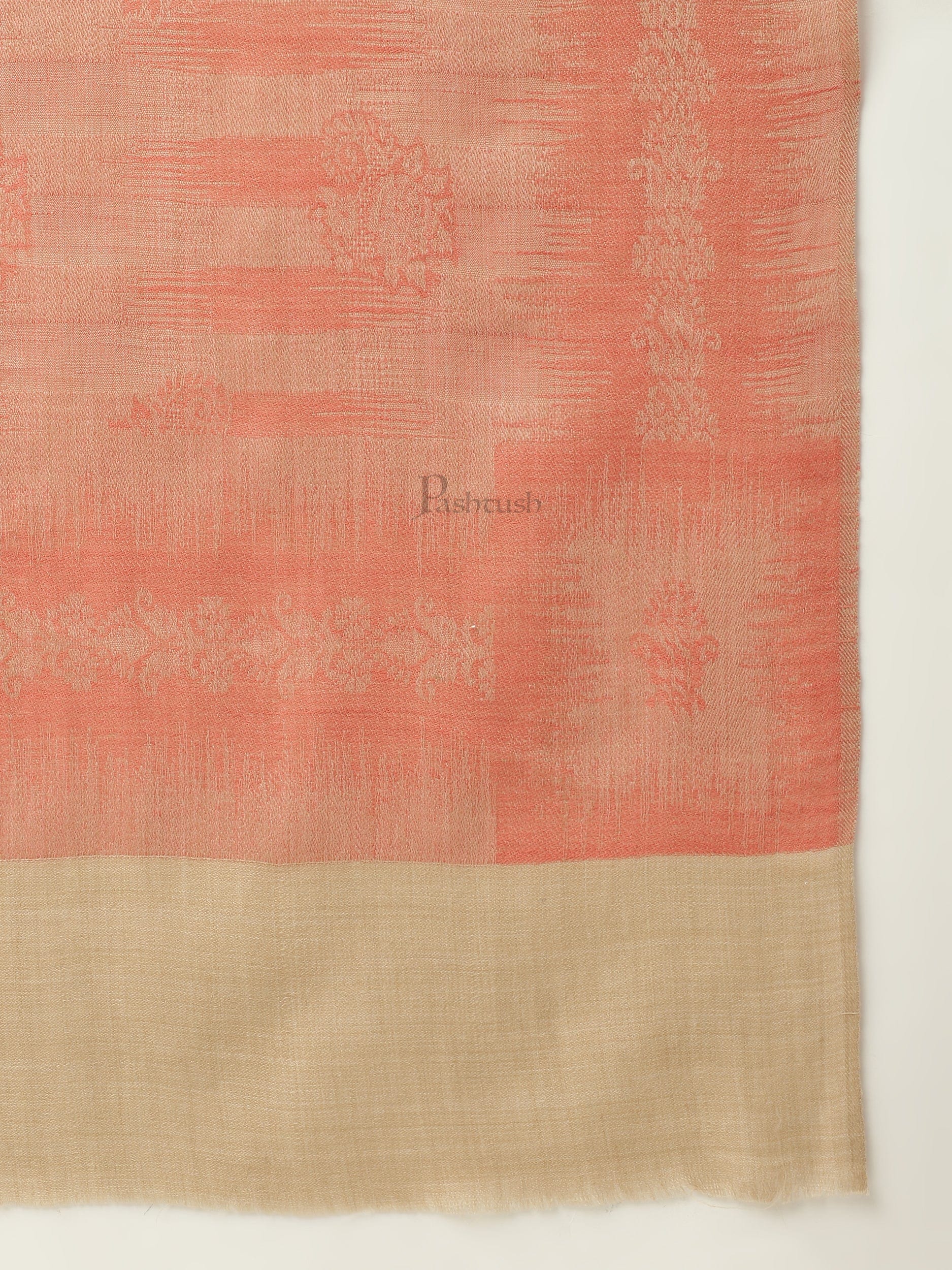 Pashtush Womens Stole, Extra Fine Wool, Ikkat Design Weave, Peach and Beige - Image 6
