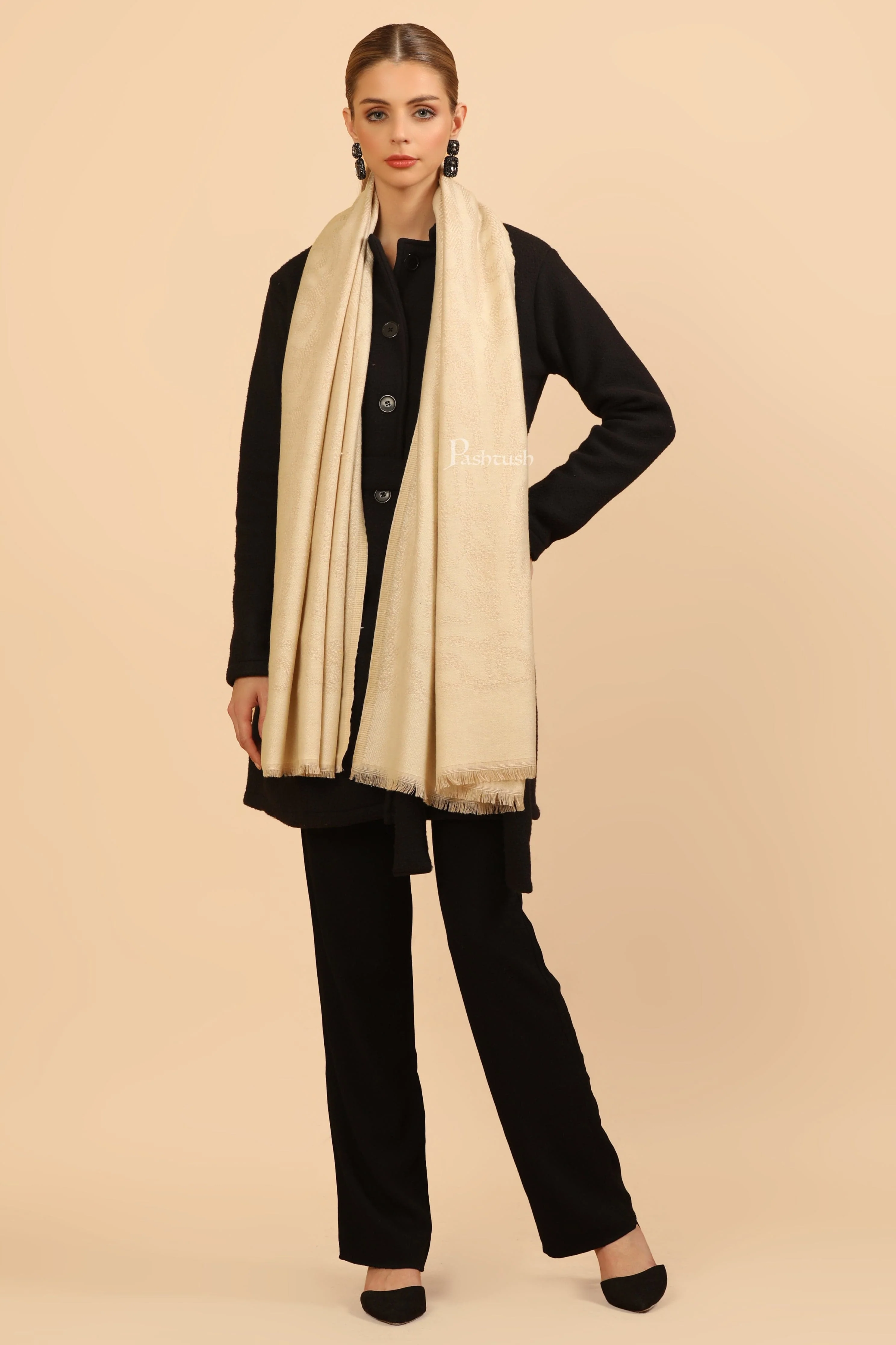 Pashtush Womens Stole, Soft and Warm, Woven Design, Neutral hues - Image 3
