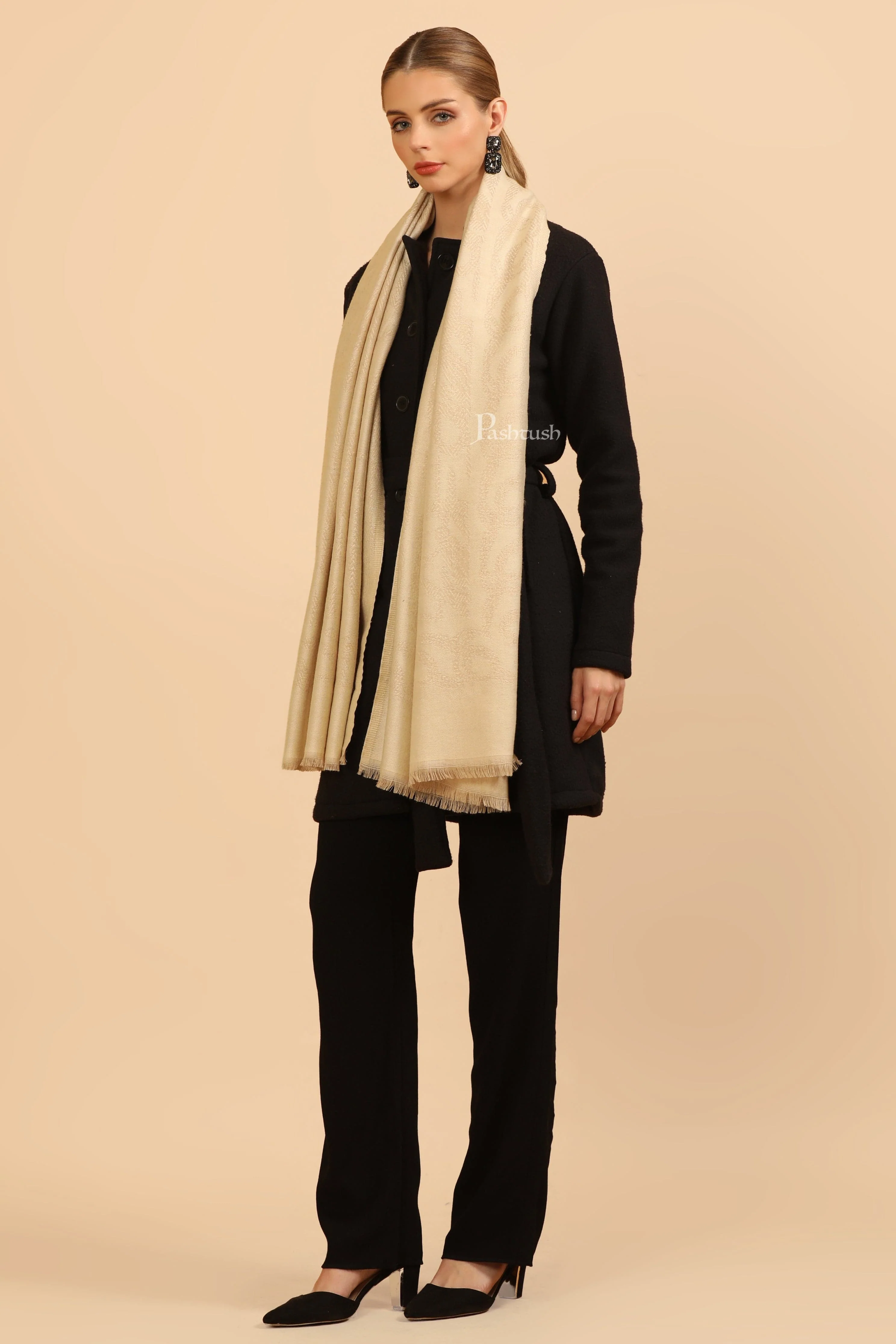 Pashtush Womens Stole, Soft and Warm, Woven Design, Neutral hues - Image 6