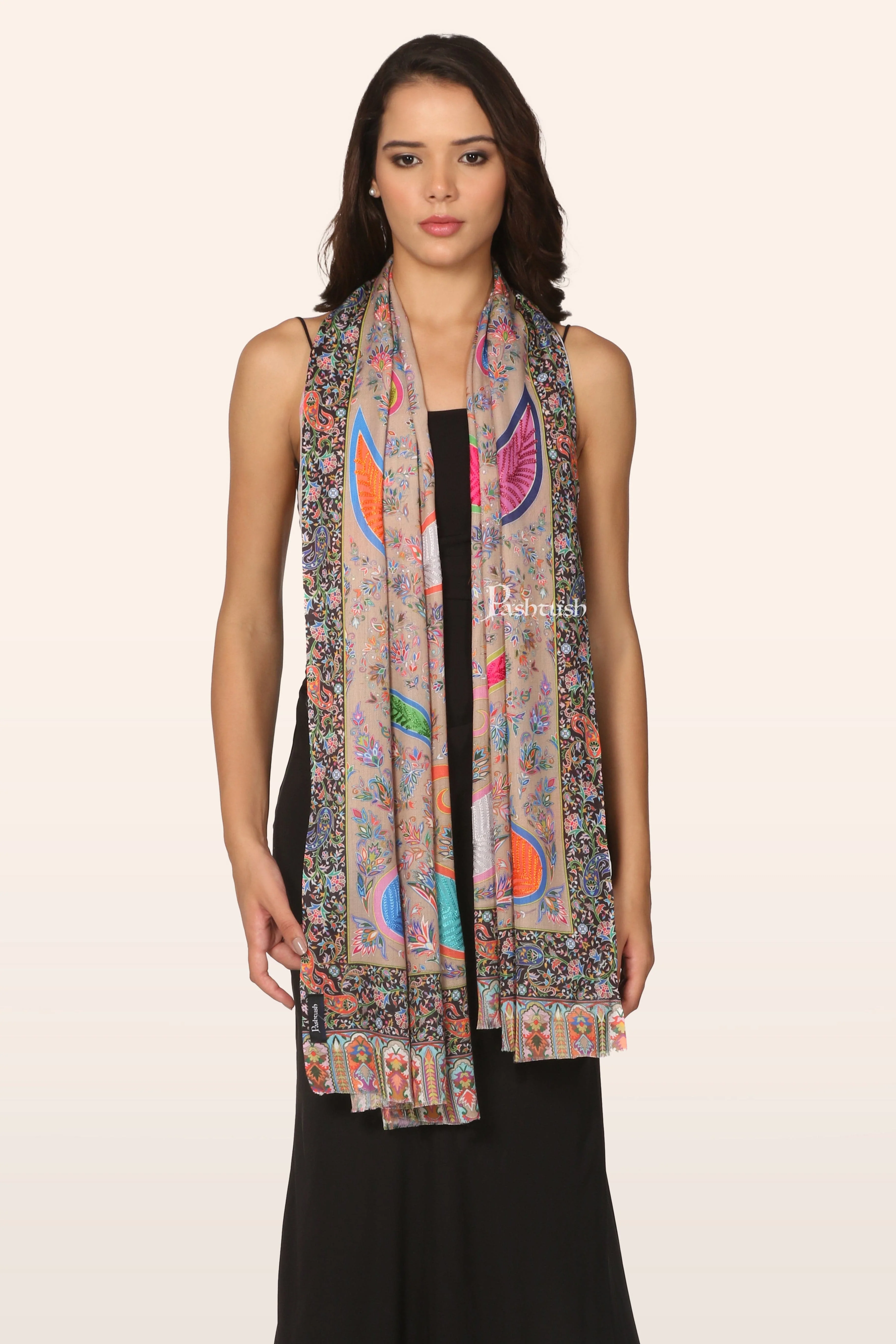 Pashtush Womens Stole, Soft bamboo, Print with Multicoloured Aari Embroidery - Image 3