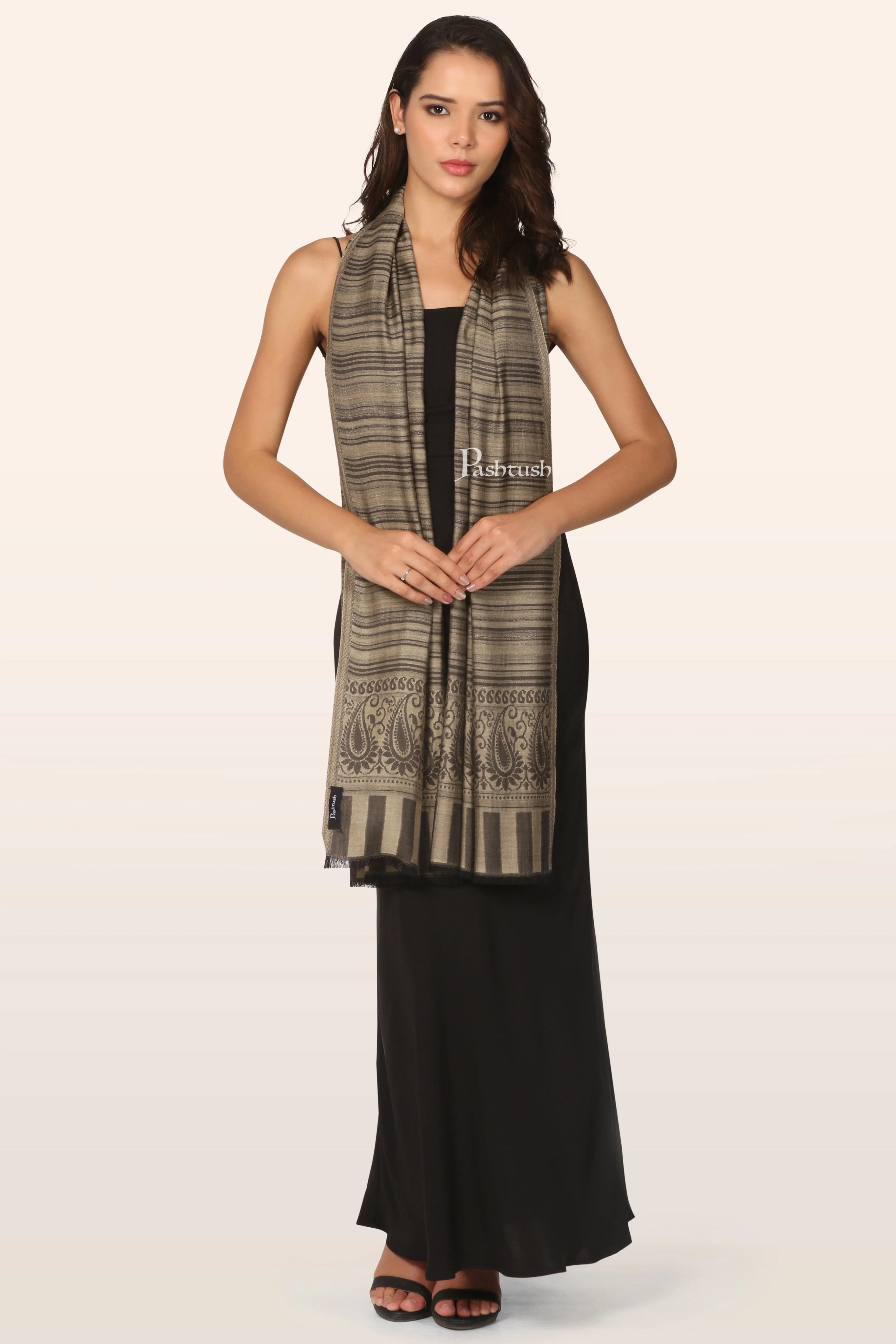 Pashtush Womens Stole, Soft Bamboo, Twin Coloured, Woven Design, Black and Taupe