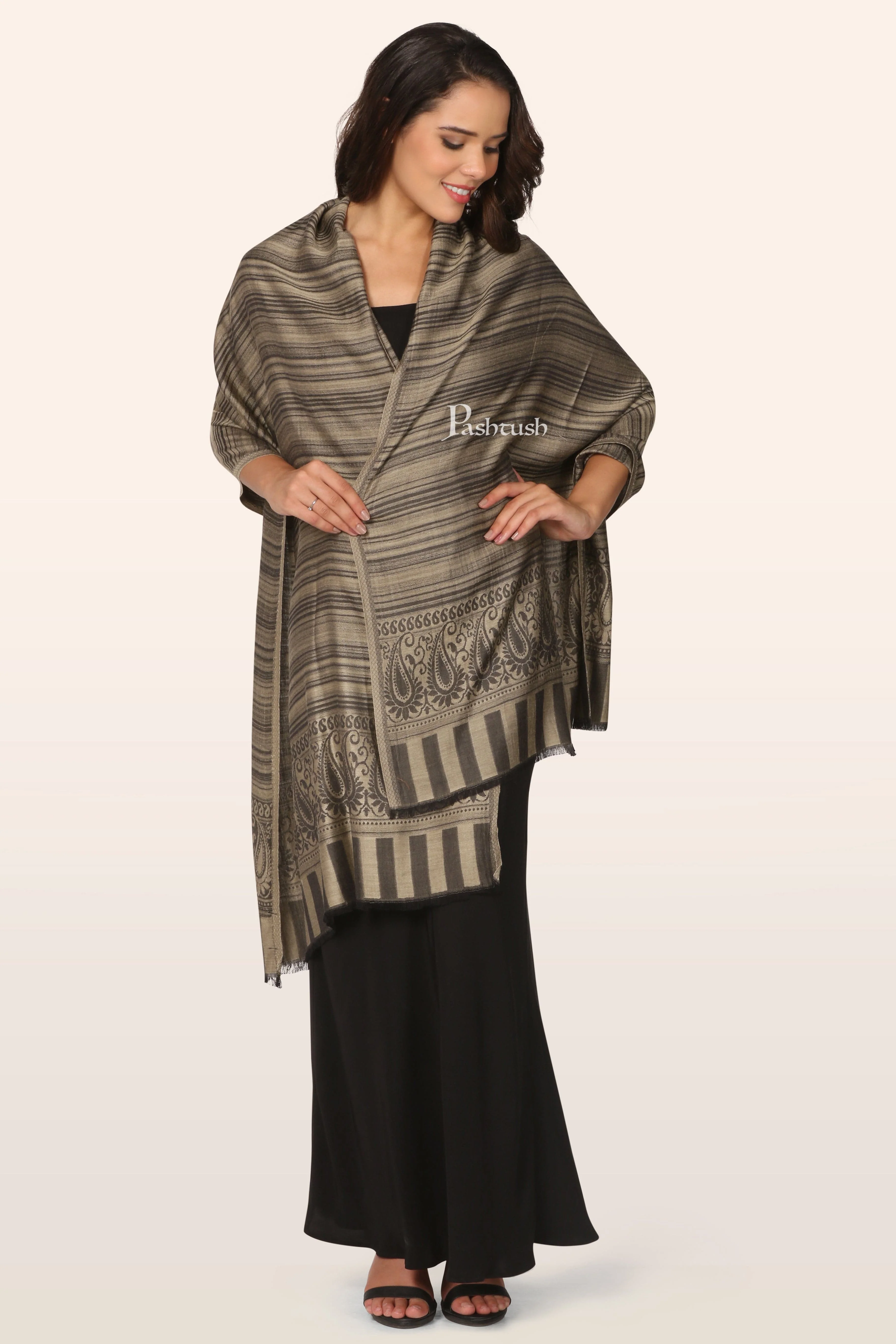 Pashtush Womens Stole, Soft Bamboo, Twin Coloured, Woven Design, Black and Taupe - Image 5