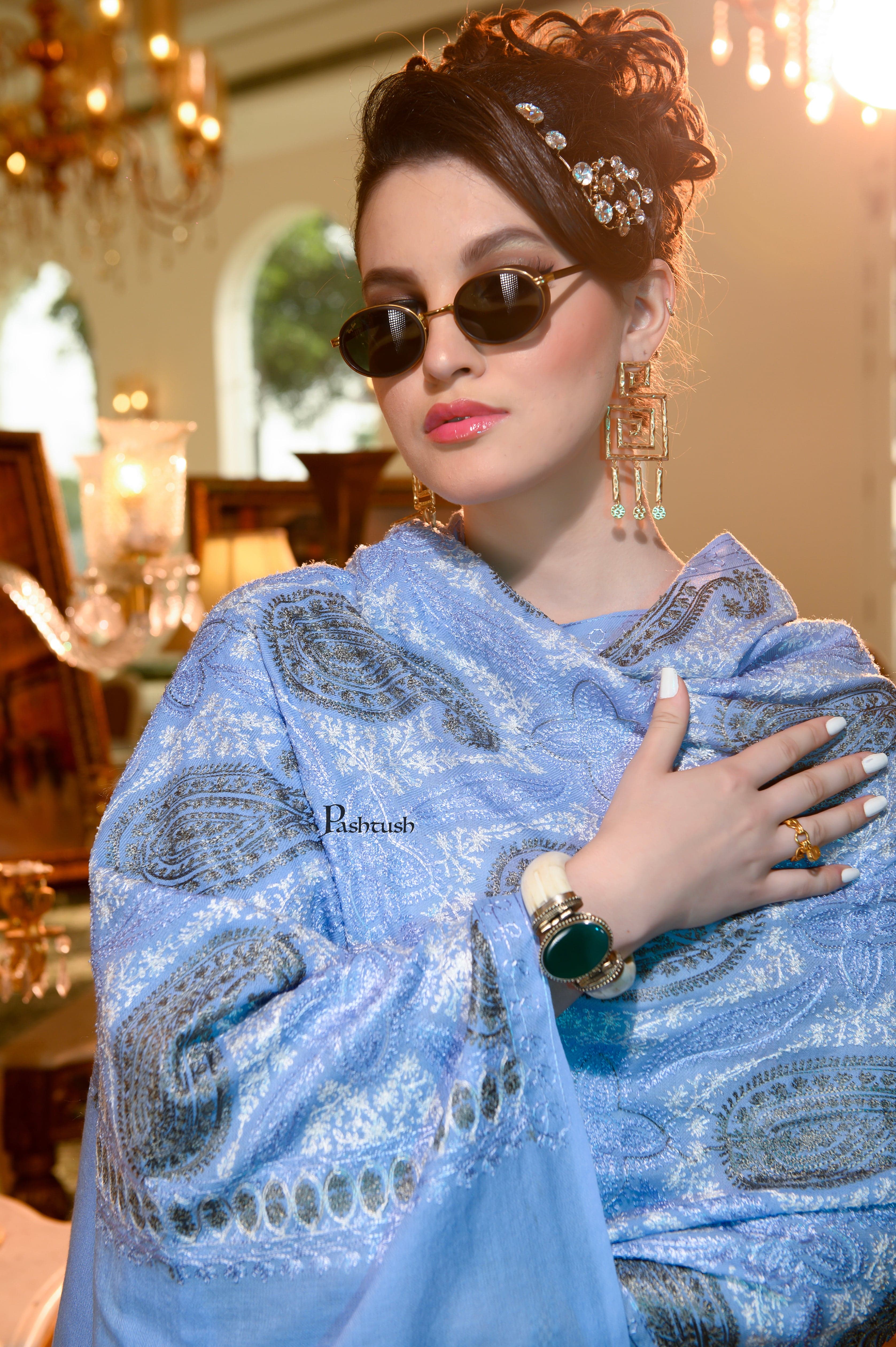 Pashtush Womens Stole, Soft Silky Nalki Embroidery Needlework Stole, Ocean Blue - Image 3