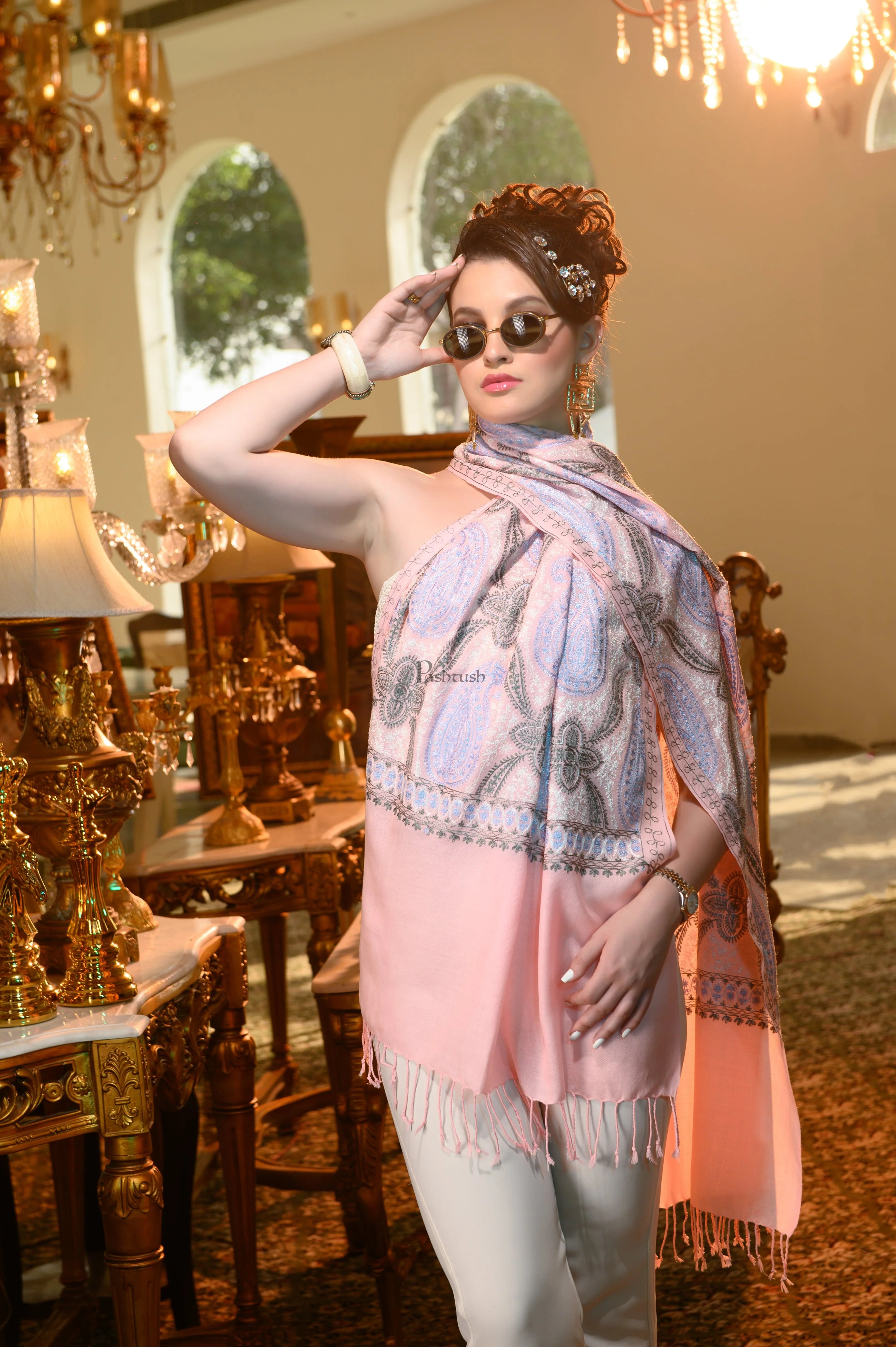 Pashtush Womens Stole, Soft Silky Nalki Embroidery Needlework Stole, Light Pink - Image 3