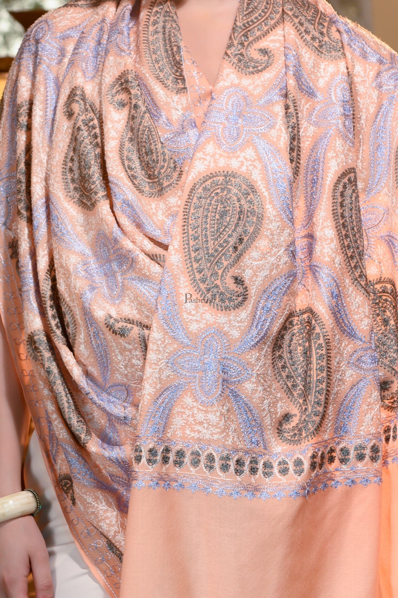 Pashtush Womens Stole, Soft Silky Nalki Embroidery Needlework Stole, Peach - Image 2