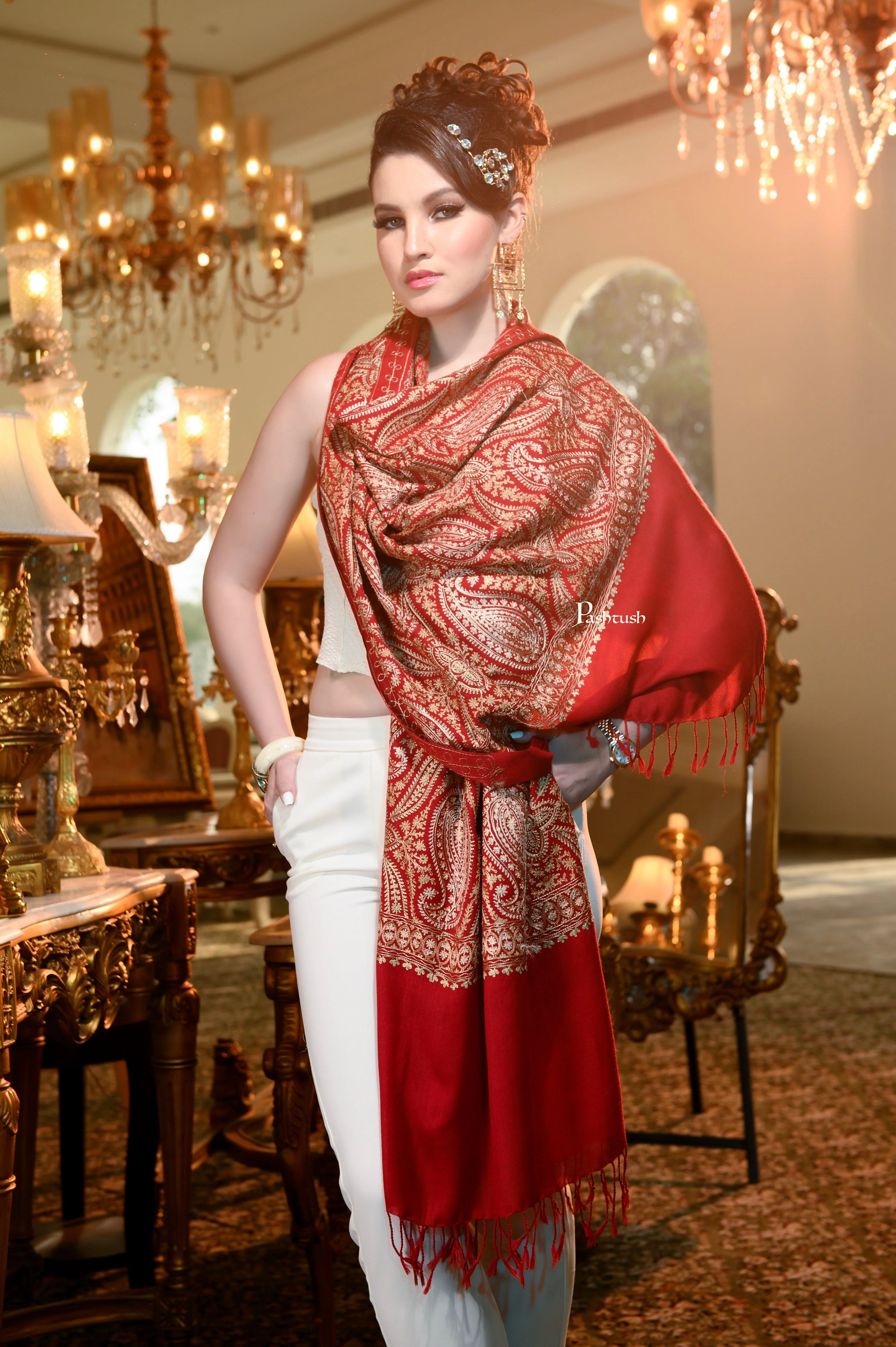 Pashtush Womens Stole, Soft Silky Nalki Embroidery Needlework Stole, Red