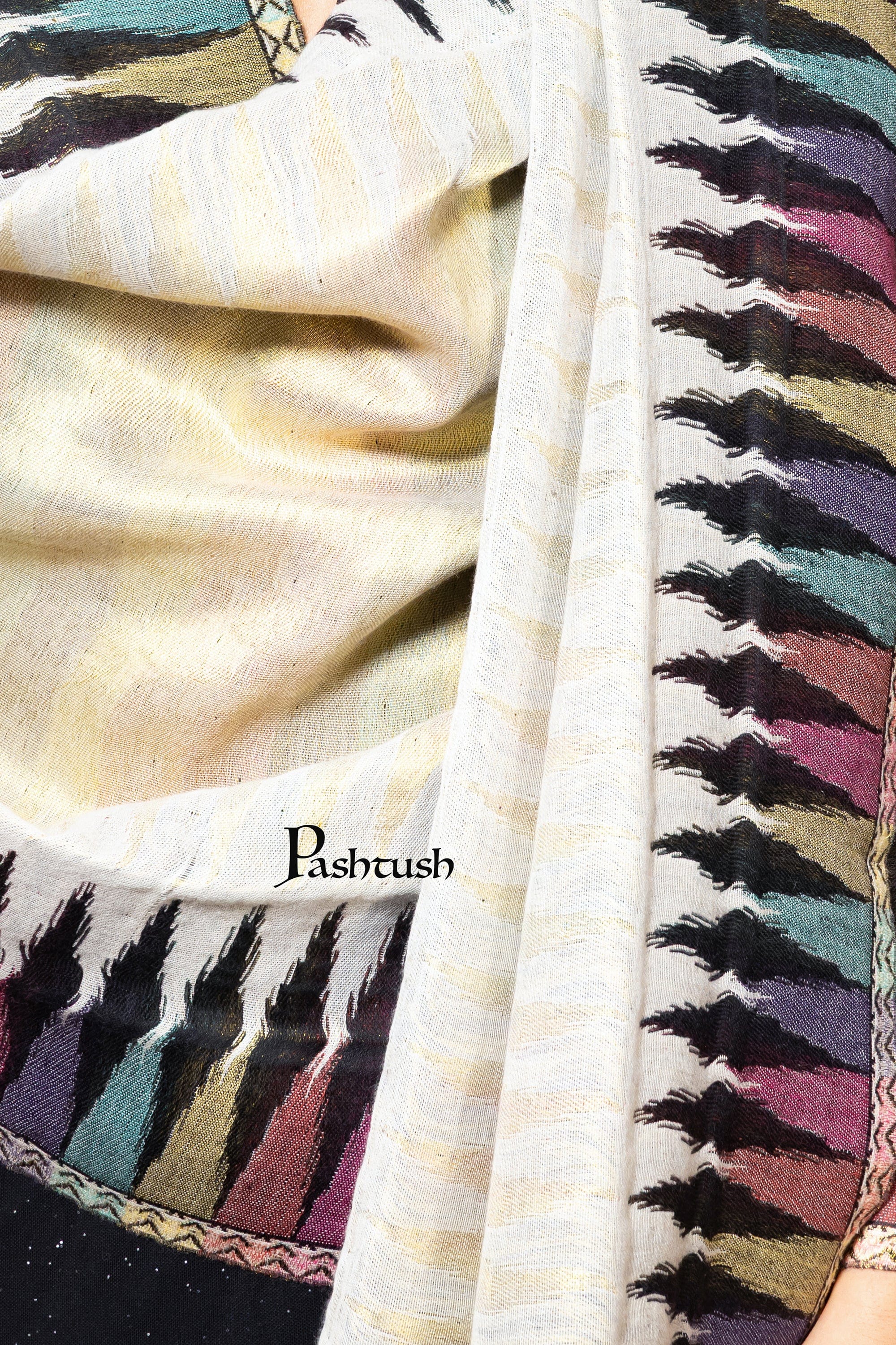 Pashtush Womens Stole, Twilight Collection, Gold Metallic Ikkat Weave, Fine Wool, Multicoloured - Image 2